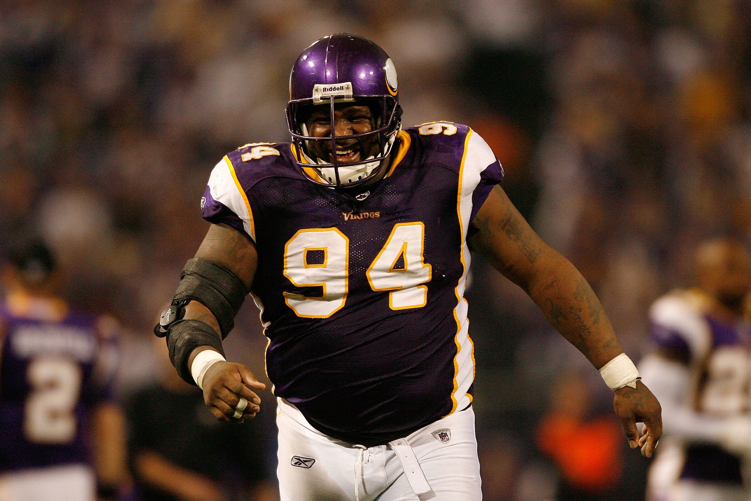 MINNEAPOLIS - JANUARY 17:  Pat Williams #94 of the Minnesota Vikings laughs while playing against the Dallas Cowboys during the NFC Divisional Playoff Game at Hubert H. Humphrey Metrodome on January 17, 2010 in Minneapolis, Minnesota.The Vikings defeated