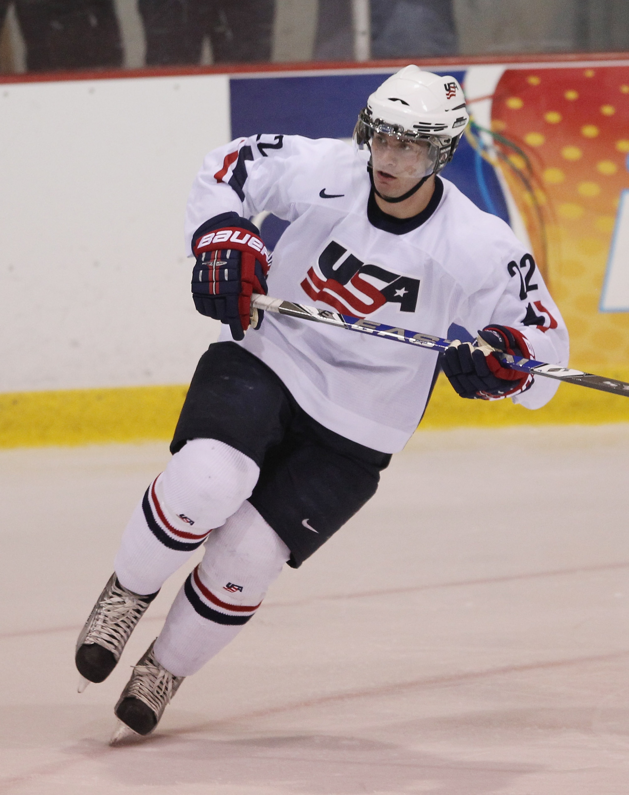 LAKE PLACID, NY - AUGUST 04:  Brandon Saad #22 of Team USA skates against Team Finland at the USA Hockey National Evaluation Camp on August 4, 2010 in Lake Placid, New York. The USA defeated Finland 6-3.  (Photo by Bruce Bennett/Getty Images)