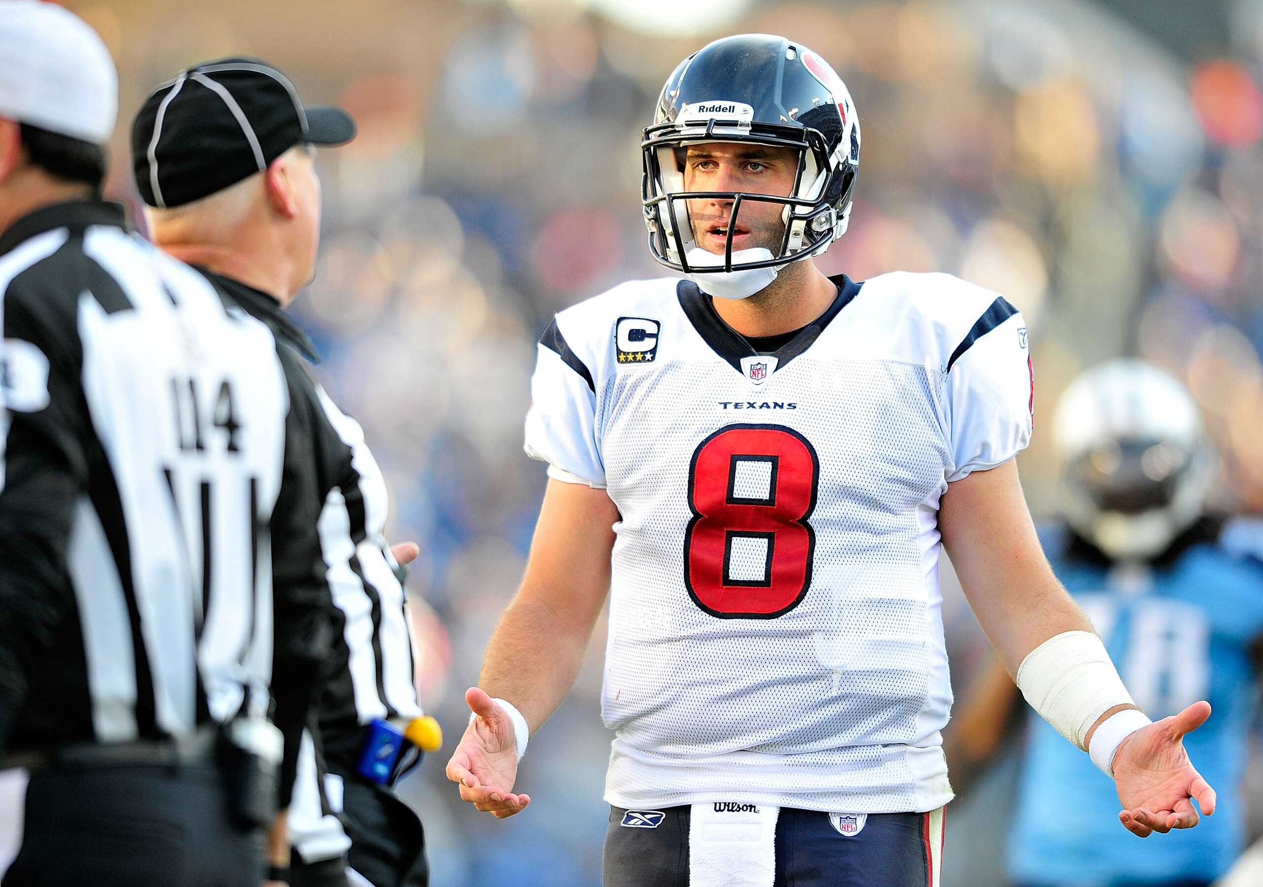 NASHVILLE, TN - DECEMBER 19: Quarterback Matt Schaub #8 of the Houston Texans appeals to the officials after a being called for a penalty against the Tennessee Titans at LP Field on December 19, 2010 in Nashville, Tennessee. The Titans defeated the Texa NASHVILLE, TN - DECEMBER 19: Quarterback Matt Schaub #8 of the Houston Texans appeals to the officials after a being called for a penalty against the Tennessee Titans at LP Field on December 19, 2010 in Nashville, Tennessee. The Titans defeated the Texa
