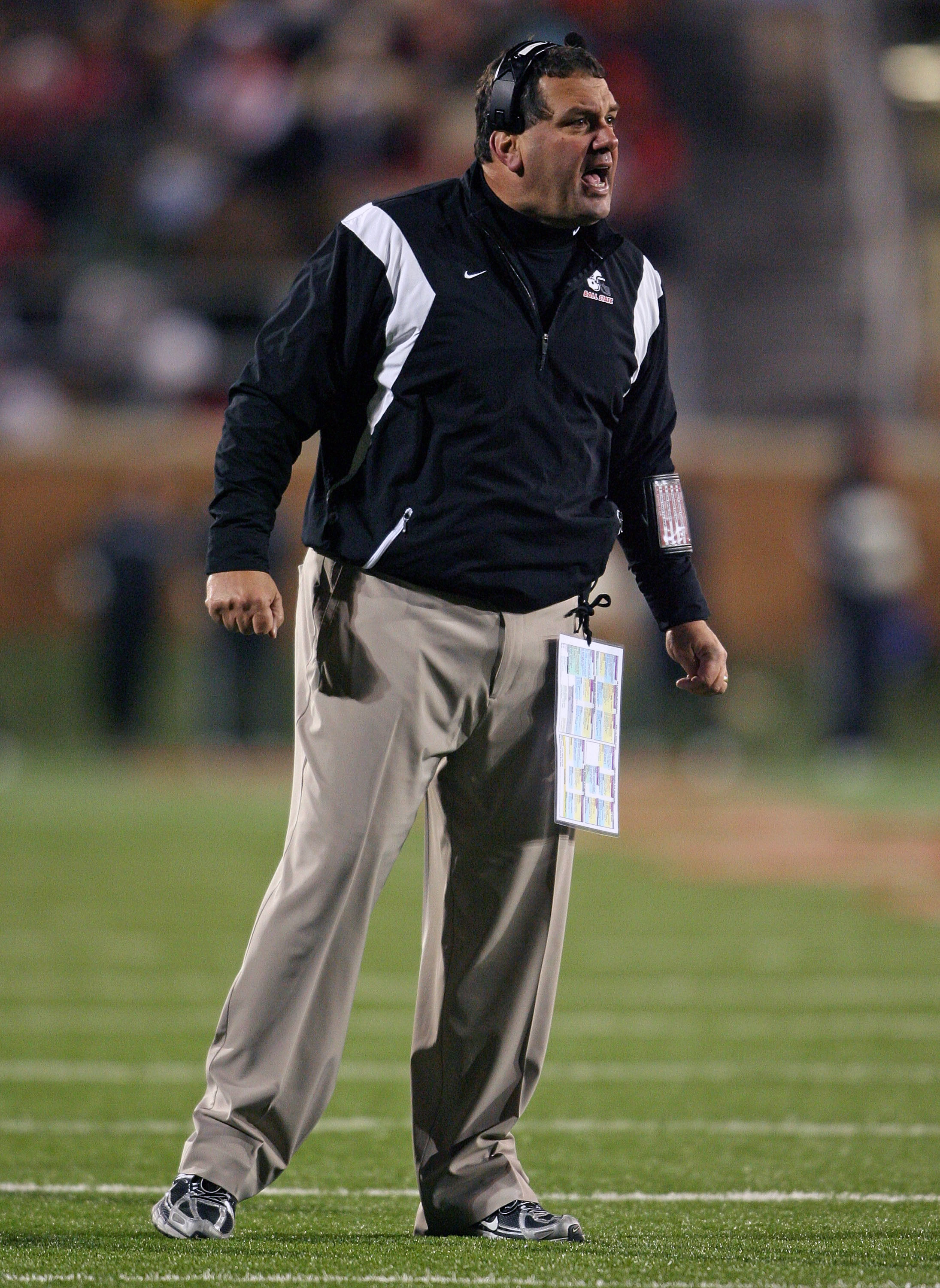 MUNCIE, IN - NOVEMBER 25:  Head coach Brady Hoke of the Ball State Cardinals stands on the field during the Mid-American Conference (MAC) game against the Western Michigan Broncos at Scheumann Stadium November 25, 2008 in Muncie, Indiana.  (Photo by Andy