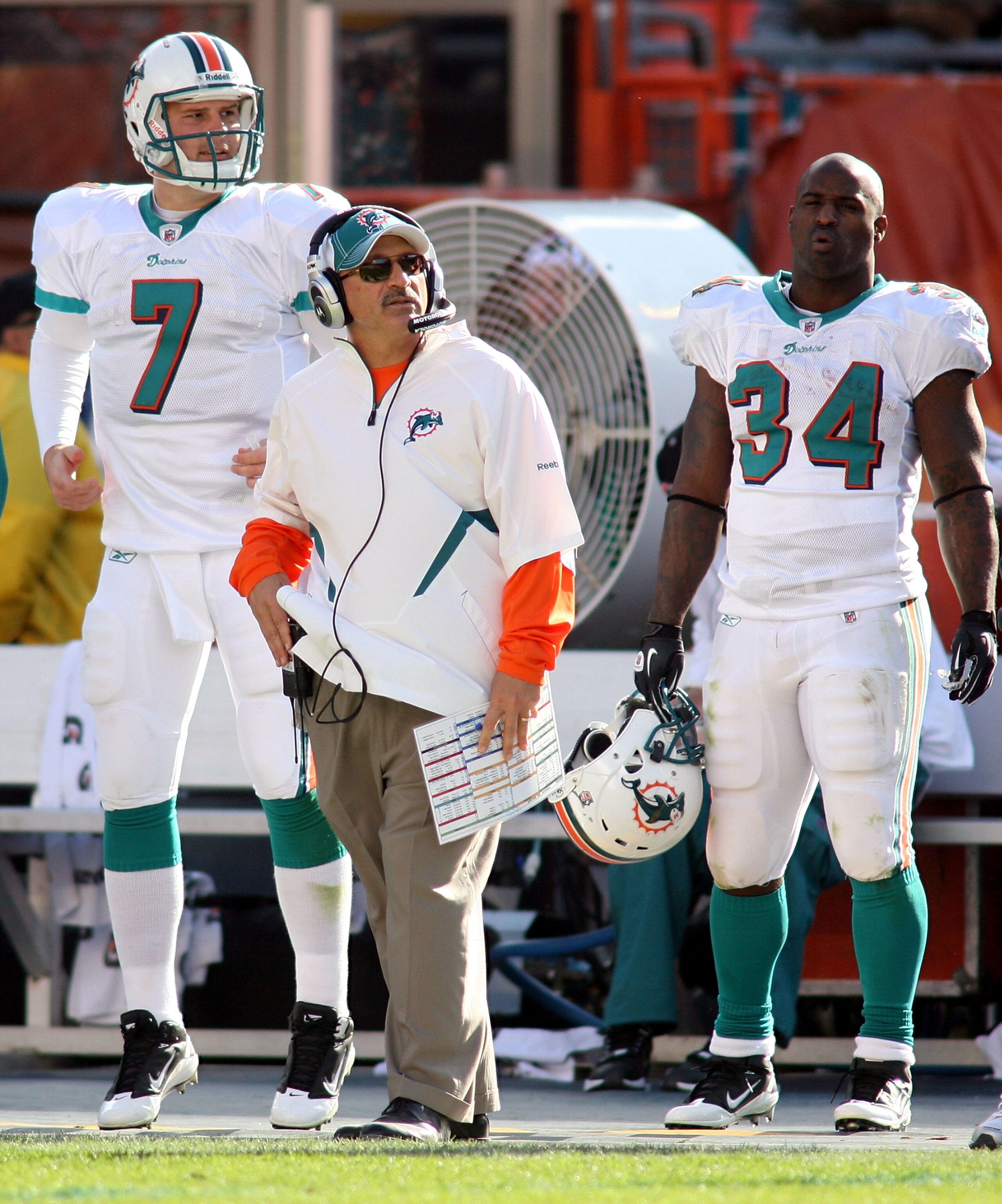 MIAMI - DECEMBER 26: (L-R) Quarterback Chad Henne #7, coach Tony Sparano and running back Ricky Williams #34 of the Miami Dolphins look on from the sidelines against the Detroit Lions at Sun Life Stadium on December 26, 2010 in Miami, Florida. (Photo by MIAMI - DECEMBER 26: (L-R) Quarterback Chad Henne #7, coach Tony Sparano and running back Ricky Williams #34 of the Miami Dolphins look on from the sidelines against the Detroit Lions at Sun Life Stadium on December 26, 2010 in Miami, Florida. (Photo by