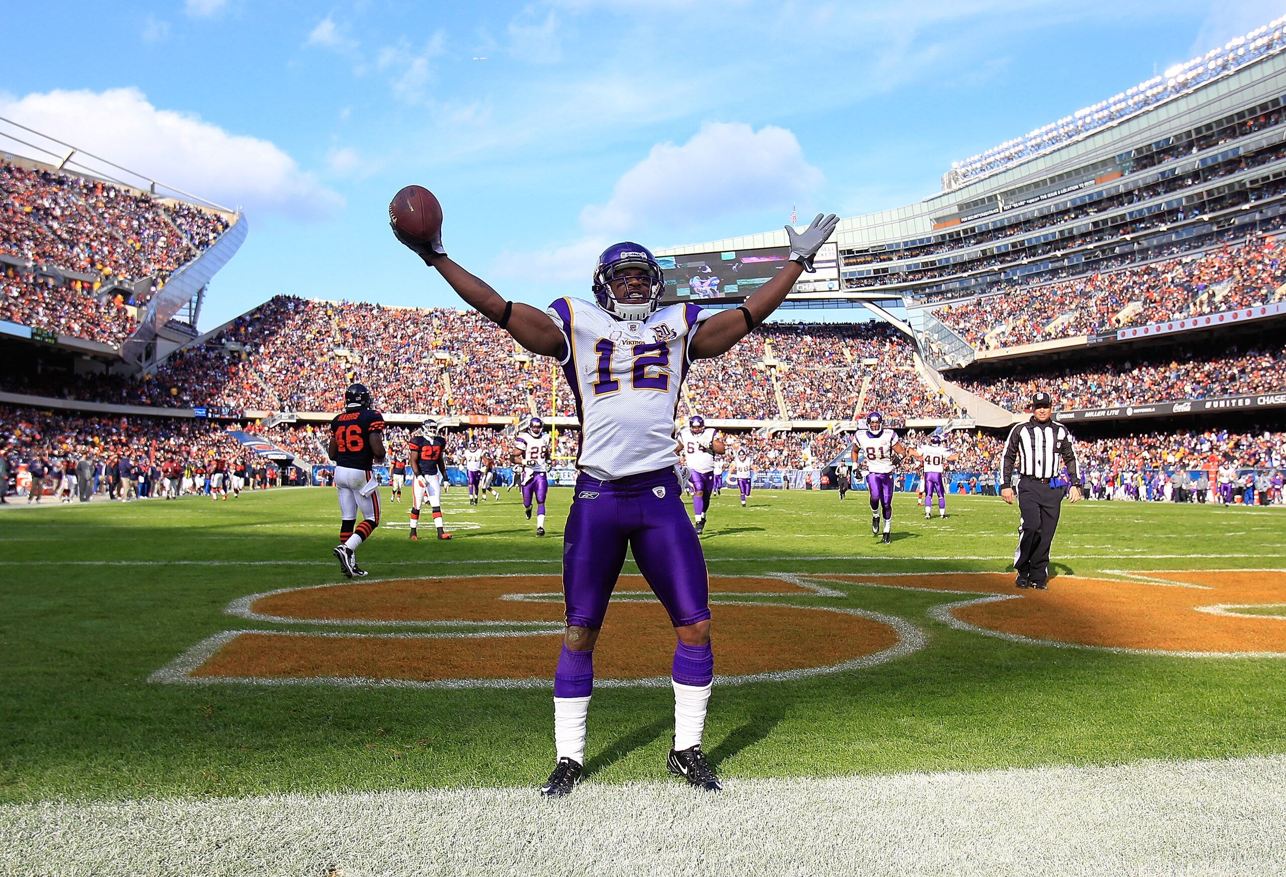 CHICAGO - NOVEMBER 14: Percey Harvin #12 of the Minnesota Vikings celebrates a touchdown catch against the Chicago Bears at Soldier Field on November 14, 2010 in Chicago, Illinois. (Photo by Jonathan Daniel/Getty Images) CHICAGO - NOVEMBER 14: Percey Harvin #12 of the Minnesota Vikings celebrates a touchdown catch against the Chicago Bears at Soldier Field on November 14, 2010 in Chicago, Illinois. (Photo by Jonathan Daniel/Getty Images)