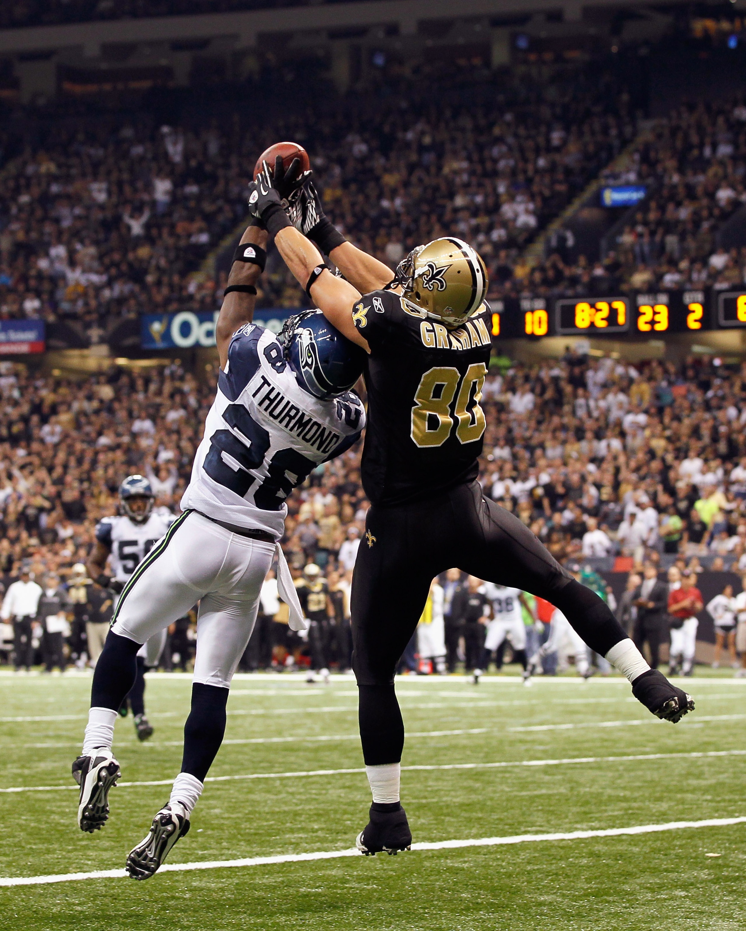 NEW ORLEANS - NOVEMBER 21: Walter Thurmond #28 of the Seattle Seahawks breaks up a touchdown reception intended for Jimmy Graham #80 of the New Orleans Saints at Louisiana Superdome on November 21, 2010 in New Orleans, Louisiana. (Photo by Kevin C. Cox/ NEW ORLEANS - NOVEMBER 21: Walter Thurmond #28 of the Seattle Seahawks breaks up a touchdown reception intended for Jimmy Graham #80 of the New Orleans Saints at Louisiana Superdome on November 21, 2010 in New Orleans, Louisiana. (Photo by Kevin C. Cox/