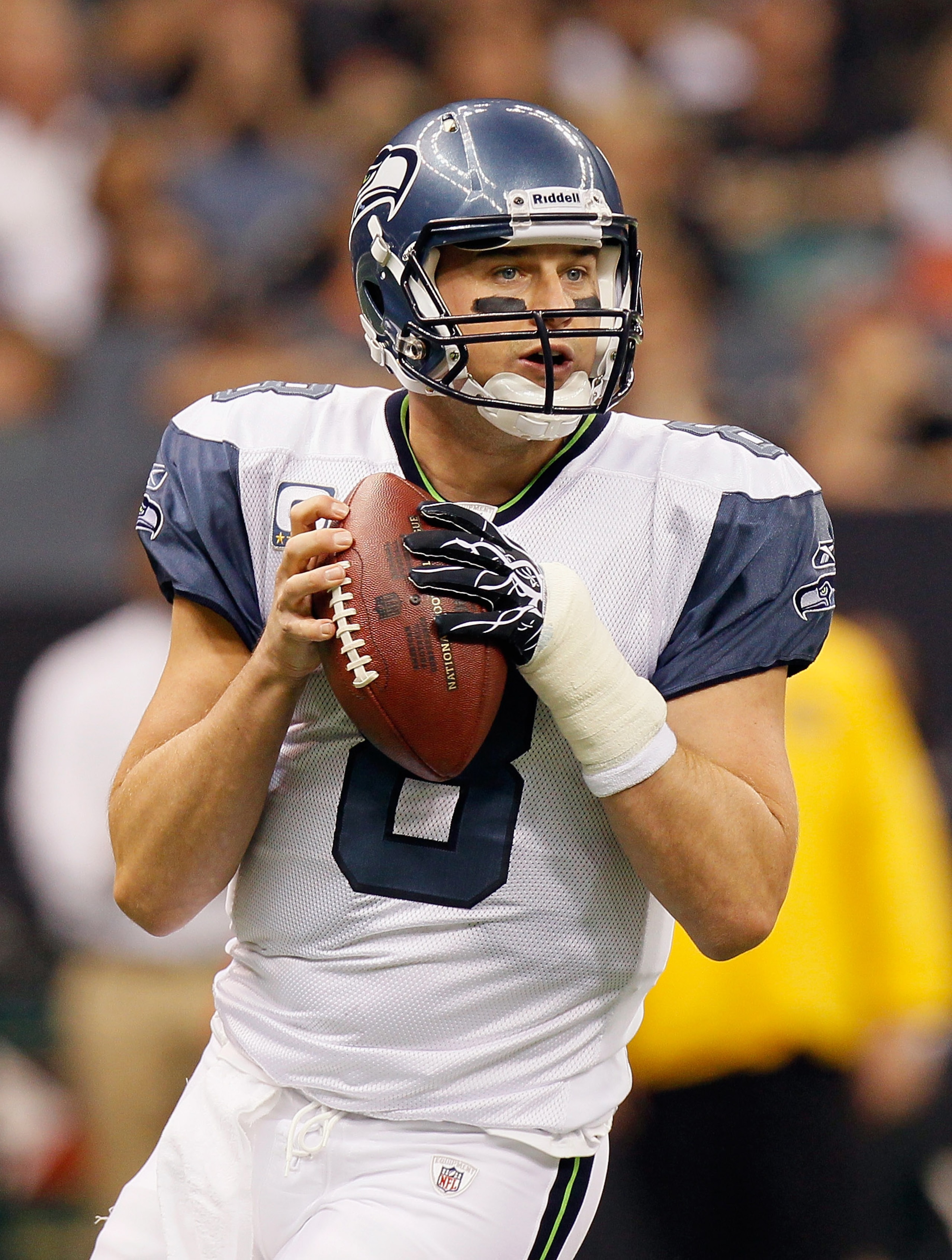 NEW ORLEANS - NOVEMBER 21: Quarterback Matt Hasselbeck #8 of the Seattle Seahawks against the New Orleans Saints at Louisiana Superdome on November 21, 2010 in New Orleans, Louisiana. (Photo by Kevin C. Cox/Getty Images) NEW ORLEANS - NOVEMBER 21: Quarterback Matt Hasselbeck #8 of the Seattle Seahawks against the New Orleans Saints at Louisiana Superdome on November 21, 2010 in New Orleans, Louisiana. (Photo by Kevin C. Cox/Getty Images)