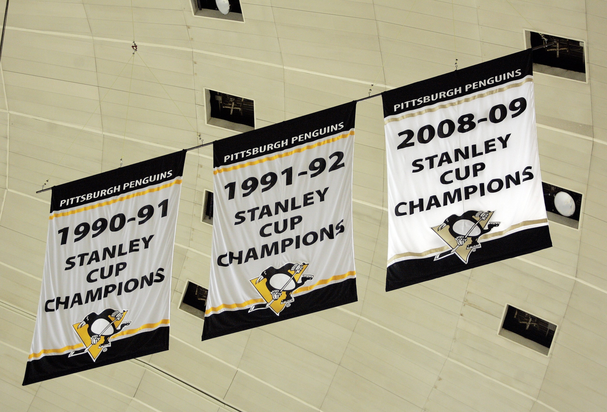PITTSBURGH, PA - OCTOBER 07:  General View of the Stanley Cup Championship banners that hang at Mellon Arena on October 07, 2009 in Pittsburgh, Pennsylvania.  (Photo by Justin K. Aller/Getty Images)