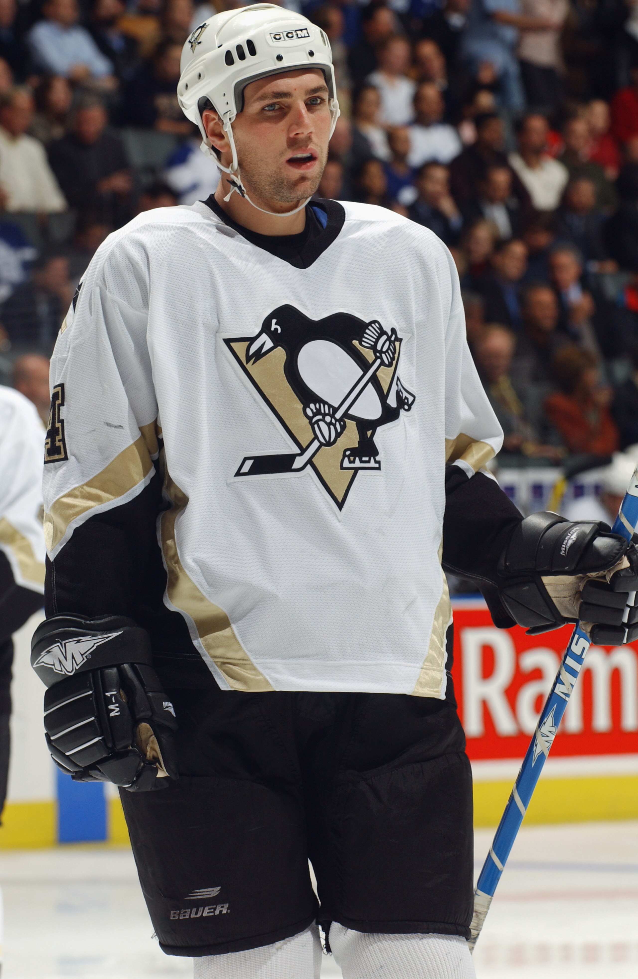 TORONTO - NOVEMBER 04:  Defenseman Dan Focht #4 of the Pittsburgh Penguins skates on the ice during the game against the Toronto Maple Leafs at Air Canada Centre on November 4, 2003 in Toronto, Ontario. The Leafs beat the Penguins 4-1.(Photo By Dave Sandf