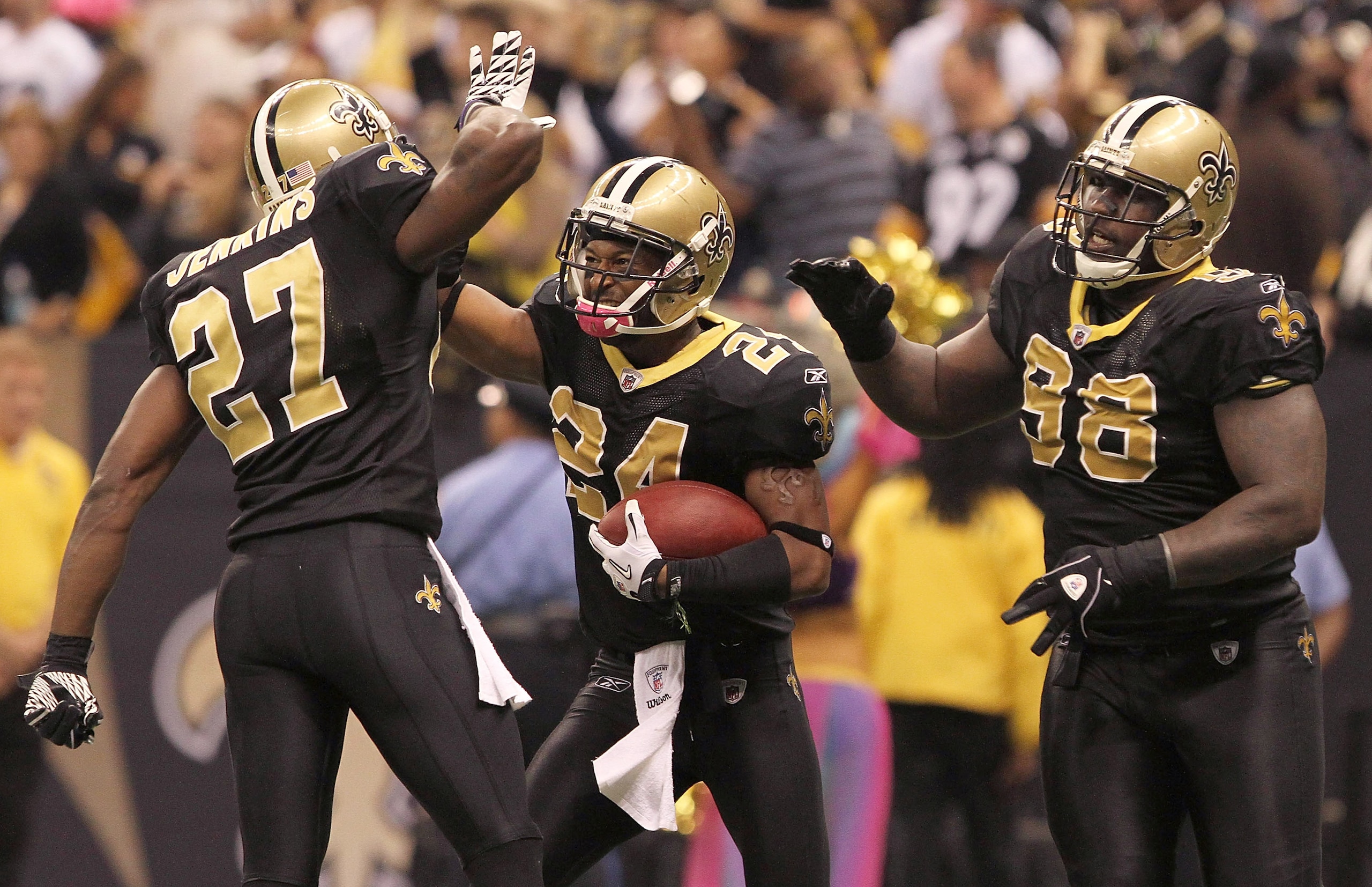 NEW ORLEANS - OCTOBER 31: Leigh Torrence #24 of the New Orleans Saints celebrates a game-sealing interception against the Pittsburgh Steelers at the Louisiana Superdome on October 31, 2010 in New Orleans, Louisiana. (Photo by Matthew Sharpe/Getty Images) NEW ORLEANS - OCTOBER 31: Leigh Torrence #24 of the New Orleans Saints celebrates a game-sealing interception against the Pittsburgh Steelers at the Louisiana Superdome on October 31, 2010 in New Orleans, Louisiana. (Photo by Matthew Sharpe/Getty Images)
