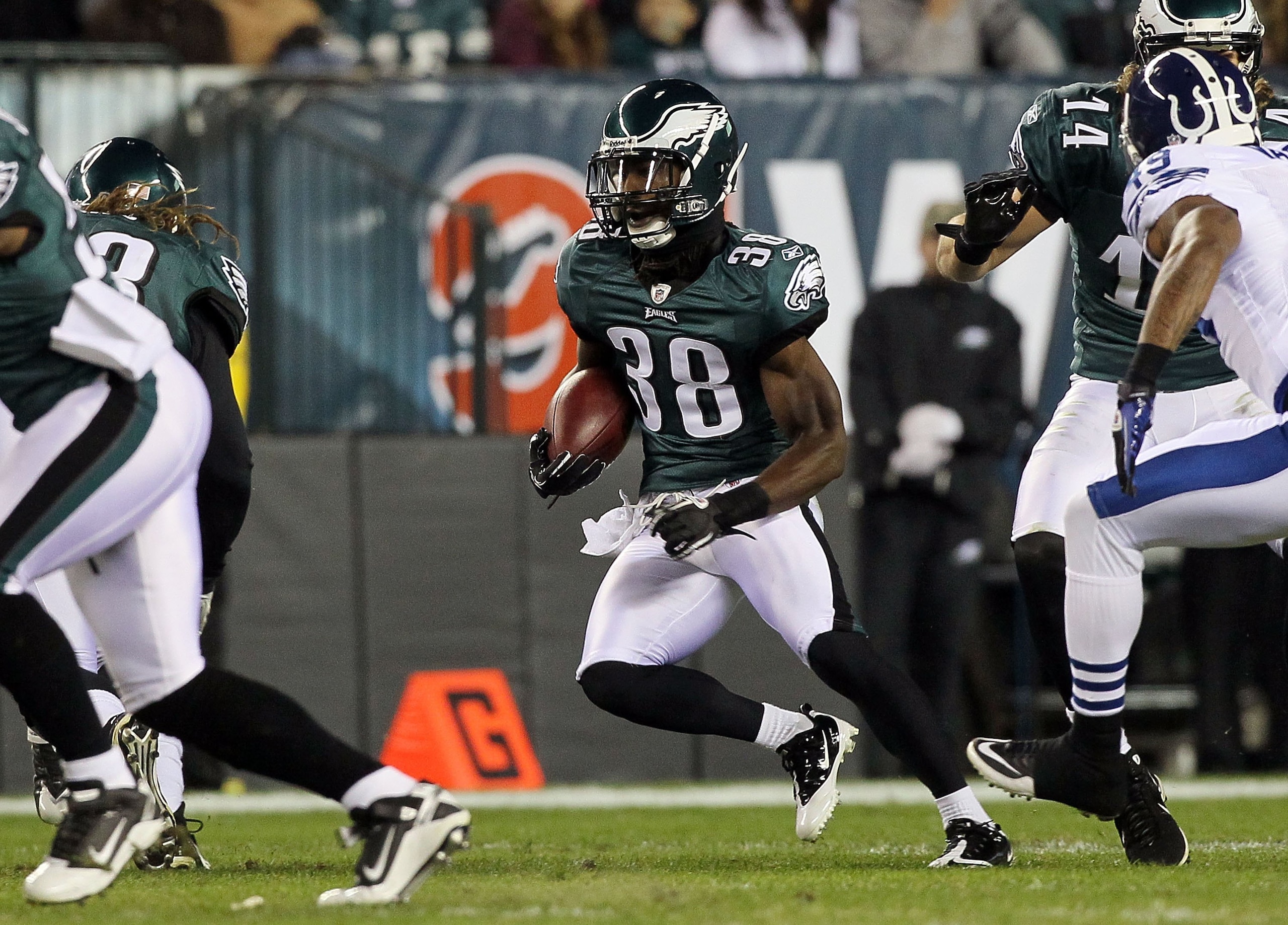 PHILADELPHIA - NOVEMBER 07:  Jorrick Calvin #38 of the Philadelphia Eagles against the Indianapolis Colts on November 7, 2010 at Lincoln Financial Field in Philadelphia, Pennsylvania. The Eagles defeated the Colts 26-24.  (Photo by Jim McIsaac/Getty Image