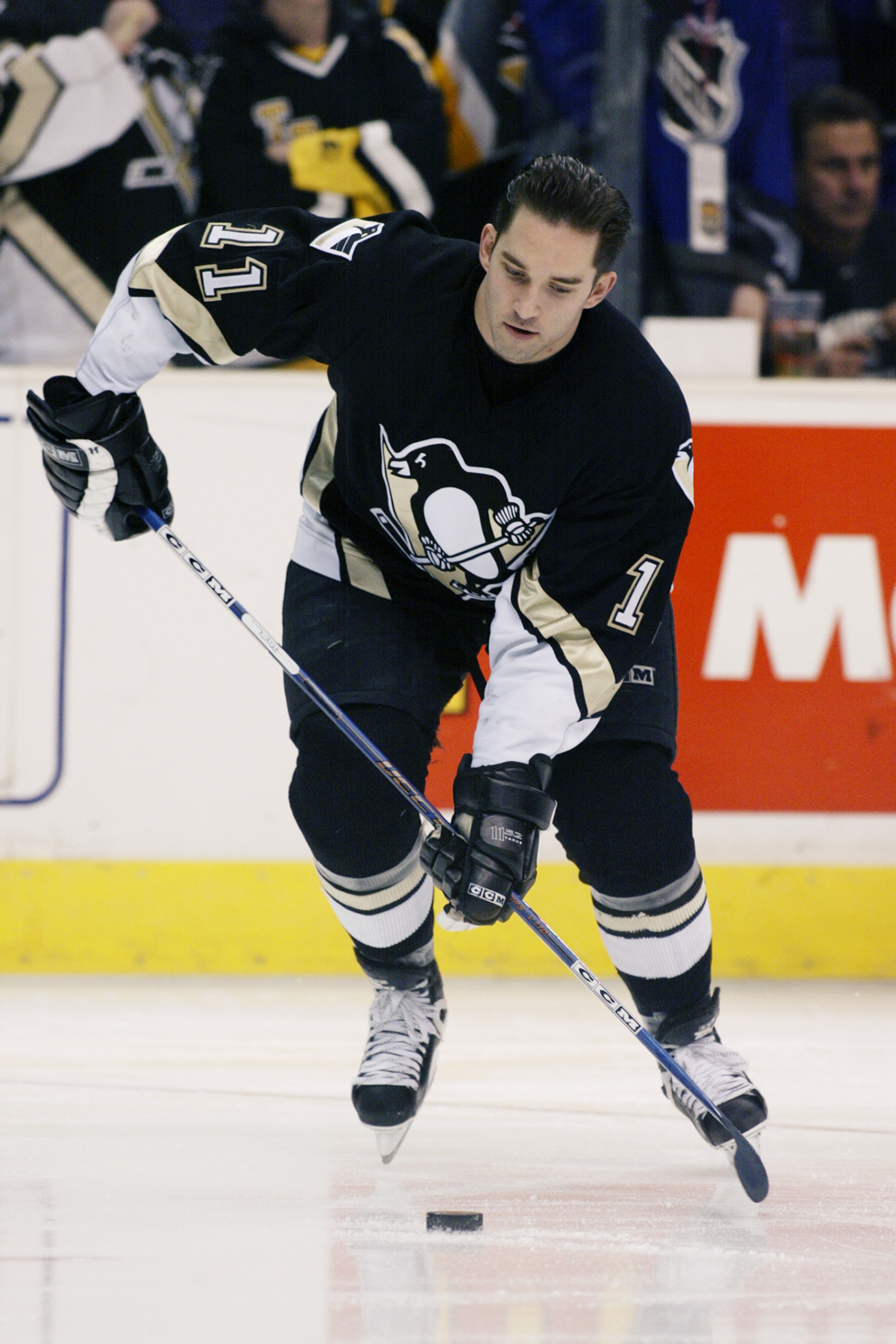 LOS ANGELES - DECEMBER 14:  Alexandre Daigle #11 of the Pittsburgh Penguins skates in warm-ups during the NHL game against the Los Angeles Kings at Staples Center on December 14, 2002 in Los Angeles, California. The Kings won 3-2.  (Photo by Victor Decolo
