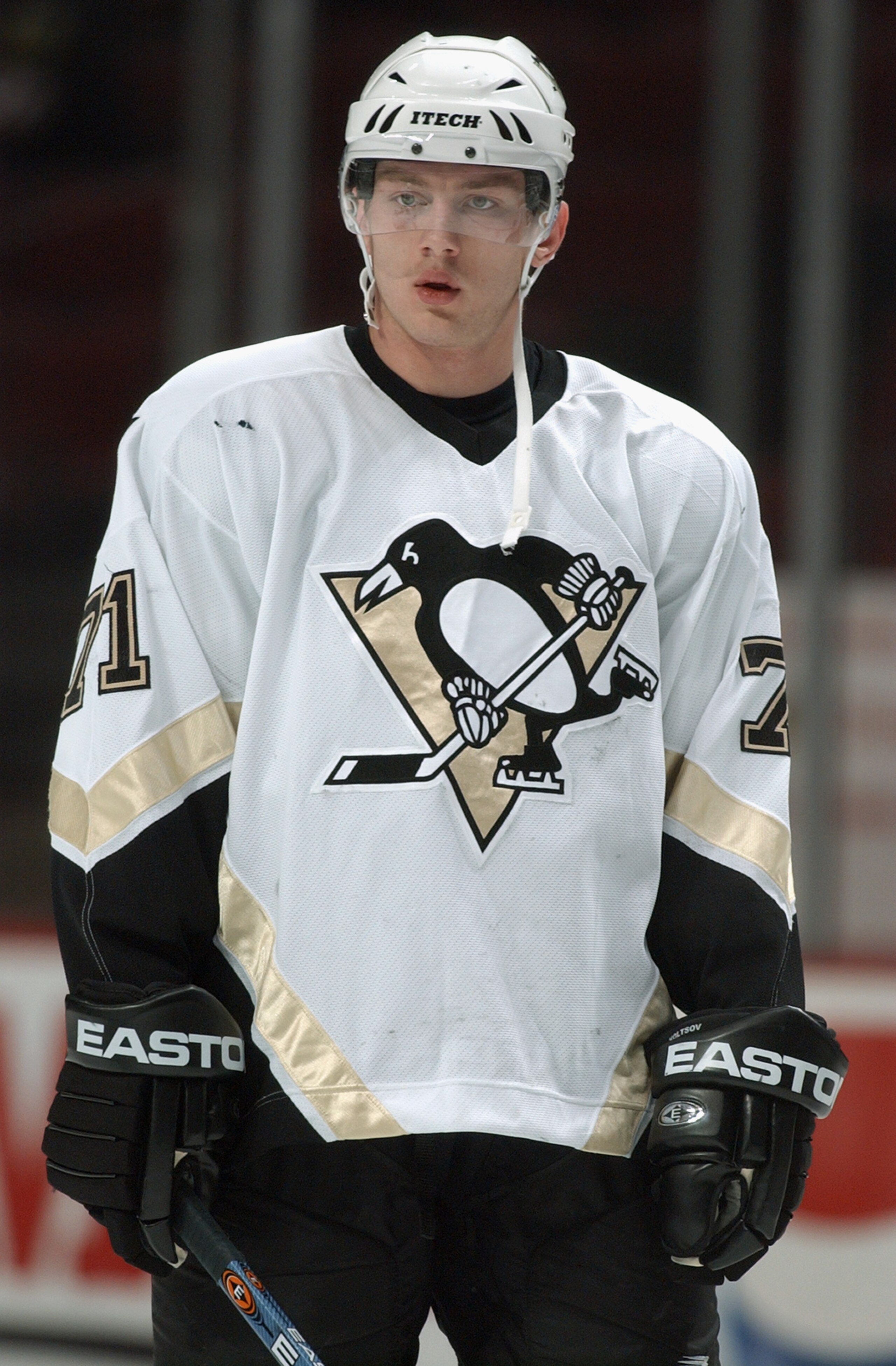 CHICAGO - OCTOBER 30:  Konstantin Koltsov #71 of the Pittsburgh Penguins looks on during warm up prior to a game against the Chicago Blackhawks on October 30, 2003 at the United Center in Chicago, Illinois.  The Penguins defeated the Blackhawks 1-0.   (Ph