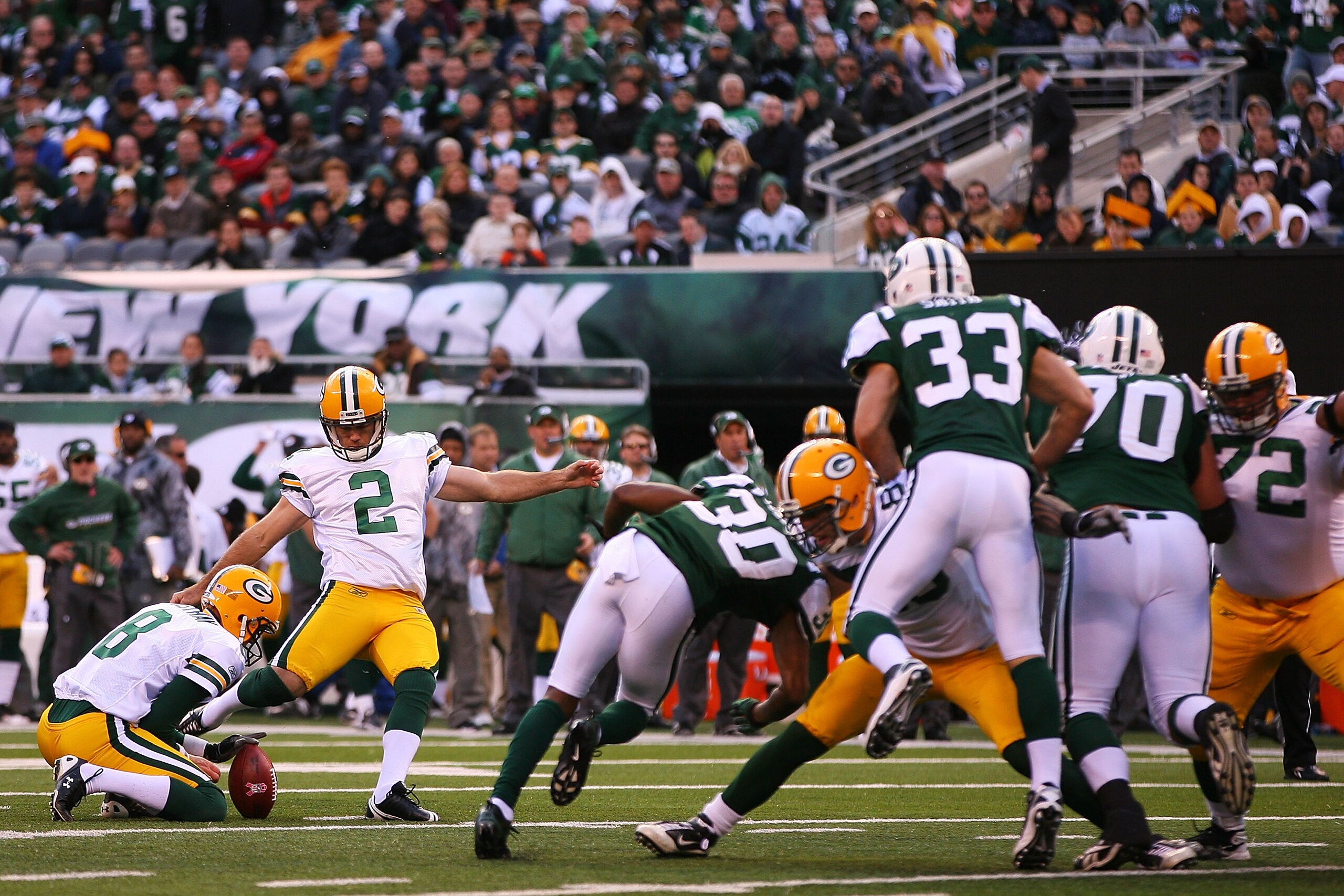 EAST RUTHERFORD, NJ - OCTOBER 31: Mason Crosby #2 of the Green Bay Packers successfully kicks a field goal in the fourth quarter against the New York Jets on October 31, 2010 at the New Meadowlands Stadium in East Rutherford, New Jersey. The Packers defea