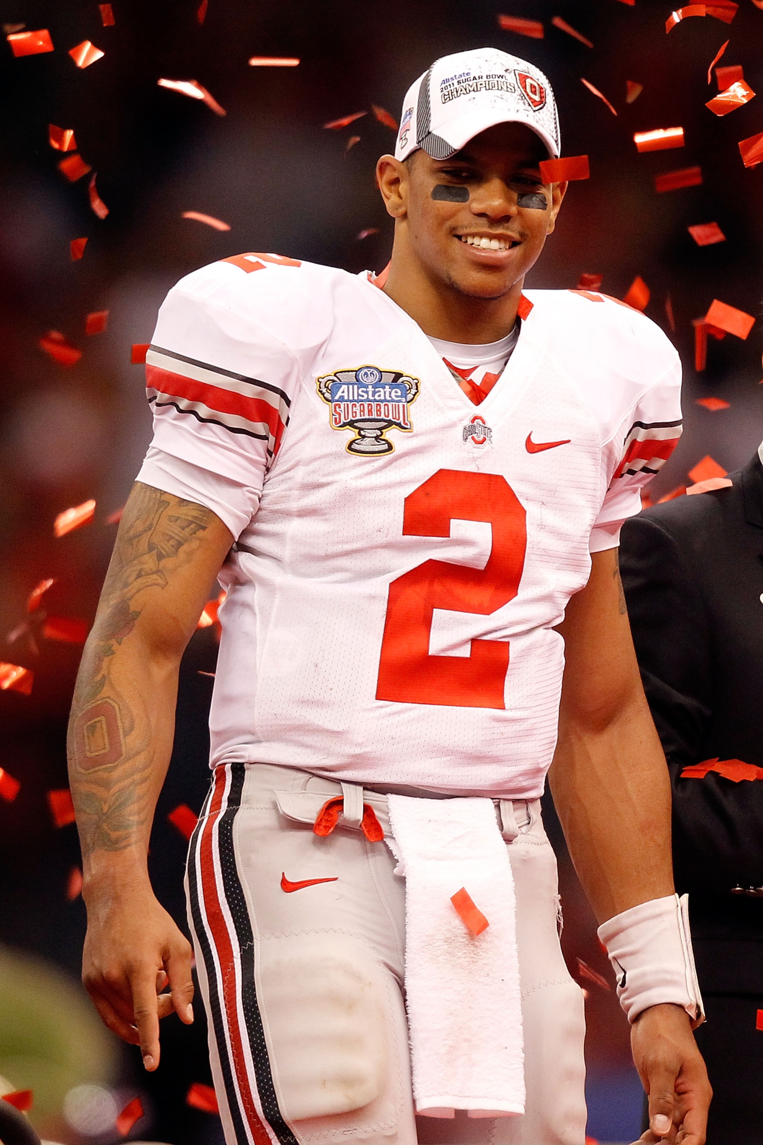 NEW ORLEANS, LA - JANUARY 04:  Quarterback Terrelle Pryor #2 of the Ohio State Buckeyes celebrates the Buckeyes 31-26 victory against the Arkansas Razorbacks during the Allstate Sugar Bowl at the Louisiana Superdome on January 4, 2011 in New Orleans, Loui
