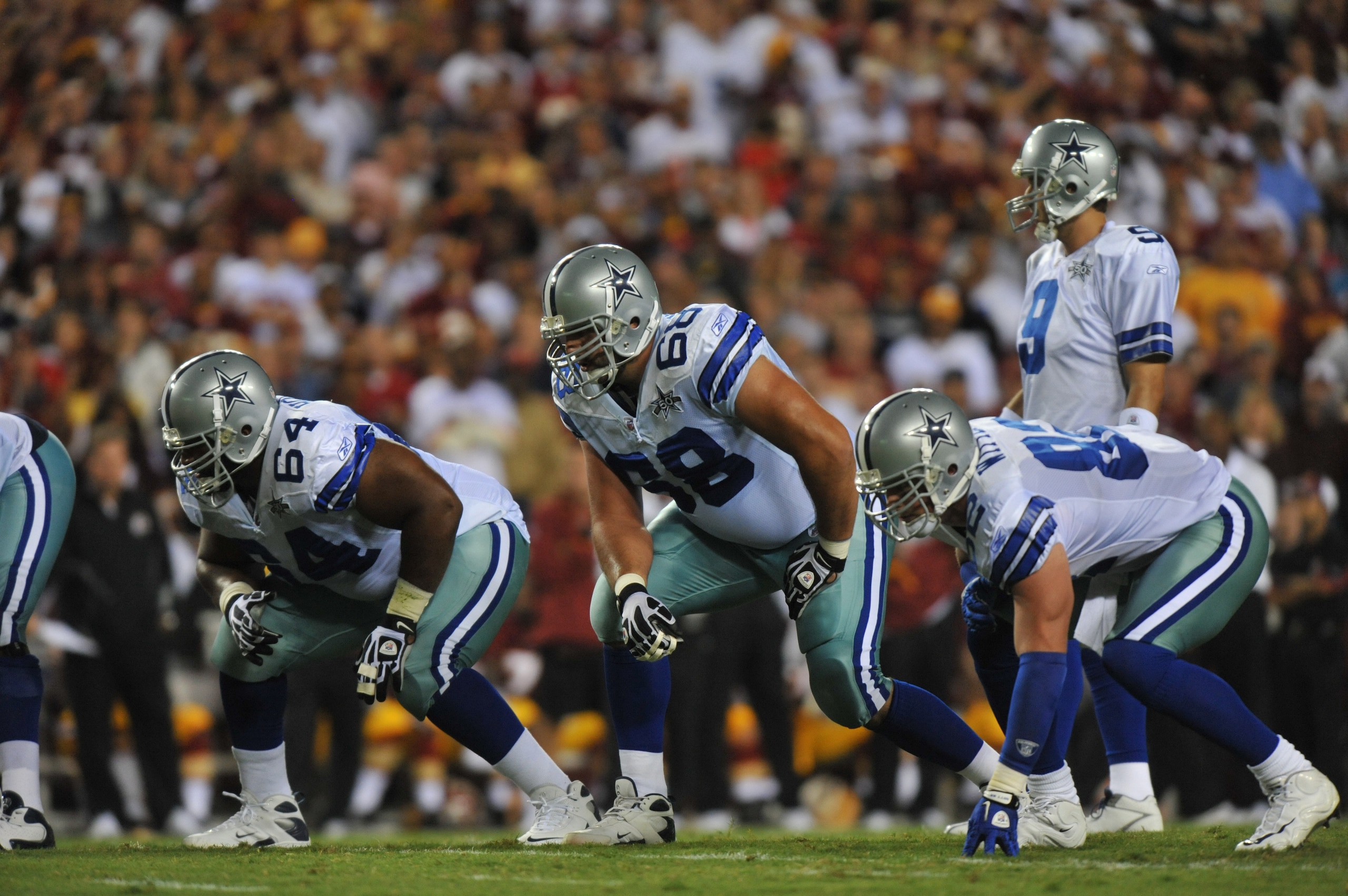 LANDOVER - SEPTEMBER 12: Doug Free #68 of the Dallas Cowboys defends during the NFL season opener against the Washington Redskins at FedExField on September 12, 2010 in Landover, Maryland. The Redskins defeated the Cowboys 13-7. (Photo by Larry French/Ge LANDOVER - SEPTEMBER 12: Doug Free #68 of the Dallas Cowboys defends during the NFL season opener against the Washington Redskins at FedExField on September 12, 2010 in Landover, Maryland. The Redskins defeated the Cowboys 13-7. (Photo by Larry French/Ge