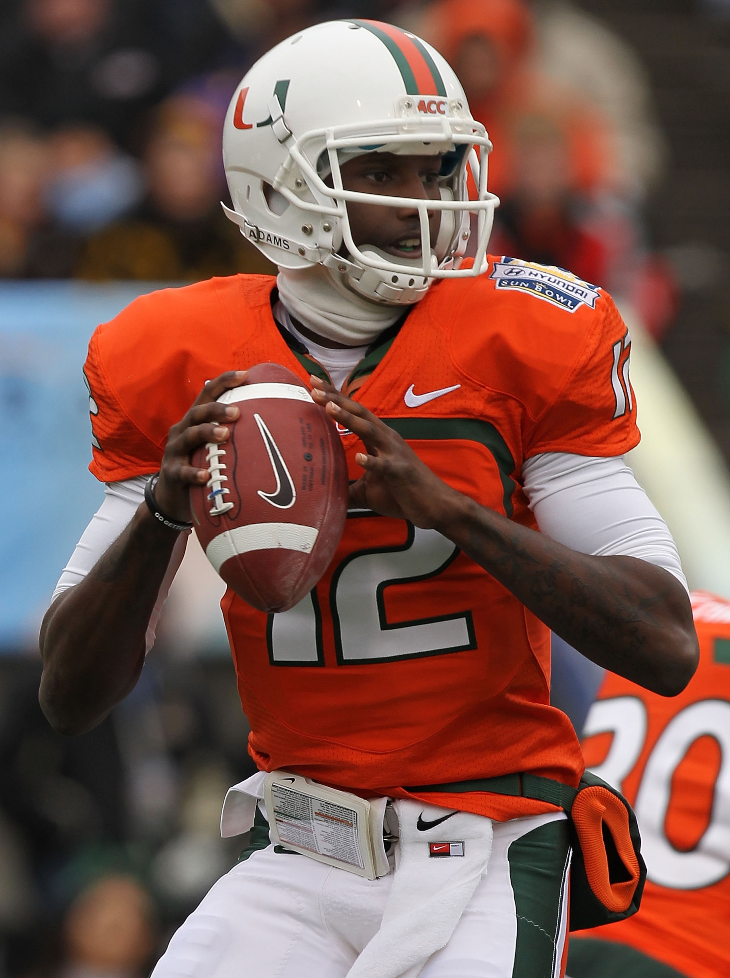 EL PASO, TX - DECEMBER 30: Quarterback Jacory Harris #12 of the Miami Hurricanes throws against the Notre Dame Fighting Irish during the Hyundai Sun Bowl at Sun Bowl on December 30, 2010 in El Paso, Texas. (Photo by Ronald Martinez/Getty Images) EL PASO, TX - DECEMBER 30: Quarterback Jacory Harris #12 of the Miami Hurricanes throws against the Notre Dame Fighting Irish during the Hyundai Sun Bowl at Sun Bowl on December 30, 2010 in El Paso, Texas. (Photo by Ronald Martinez/Getty Images)