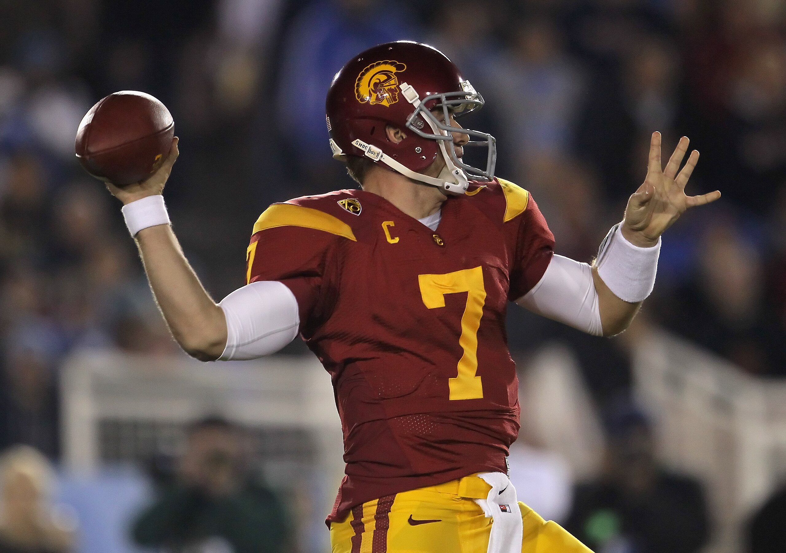 PASADENA, CA - DECEMBER 04: Quarterback Matt Barkley #7 of the USC Trojans drops back to pass against the UCLA Bruins during the first half at the Rose Bowl on December 4, 2010 in Pasadena, California. (Photo by Jeff Gross/Getty Images) PASADENA, CA - DECEMBER 04: Quarterback Matt Barkley #7 of the USC Trojans drops back to pass against the UCLA Bruins during the first half at the Rose Bowl on December 4, 2010 in Pasadena, California. (Photo by Jeff Gross/Getty Images)