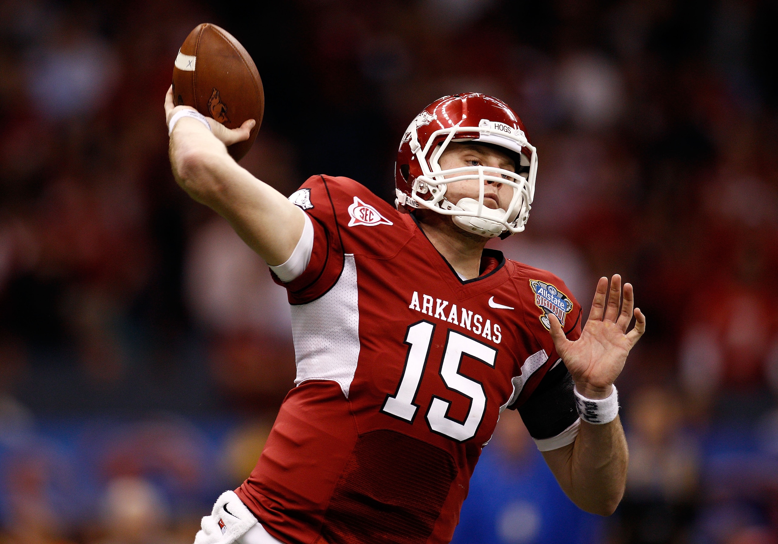 NEW ORLEANS, LA - JANUARY 04:  Ryan Mallett #15 of the Arkansas Razorbacks looks to pass in the second half against the Ohio State Buckeyes during the Allstate Sugar Bowl at the Louisiana Superdome on January 4, 2011 in New Orleans, Louisiana.  (Photo by