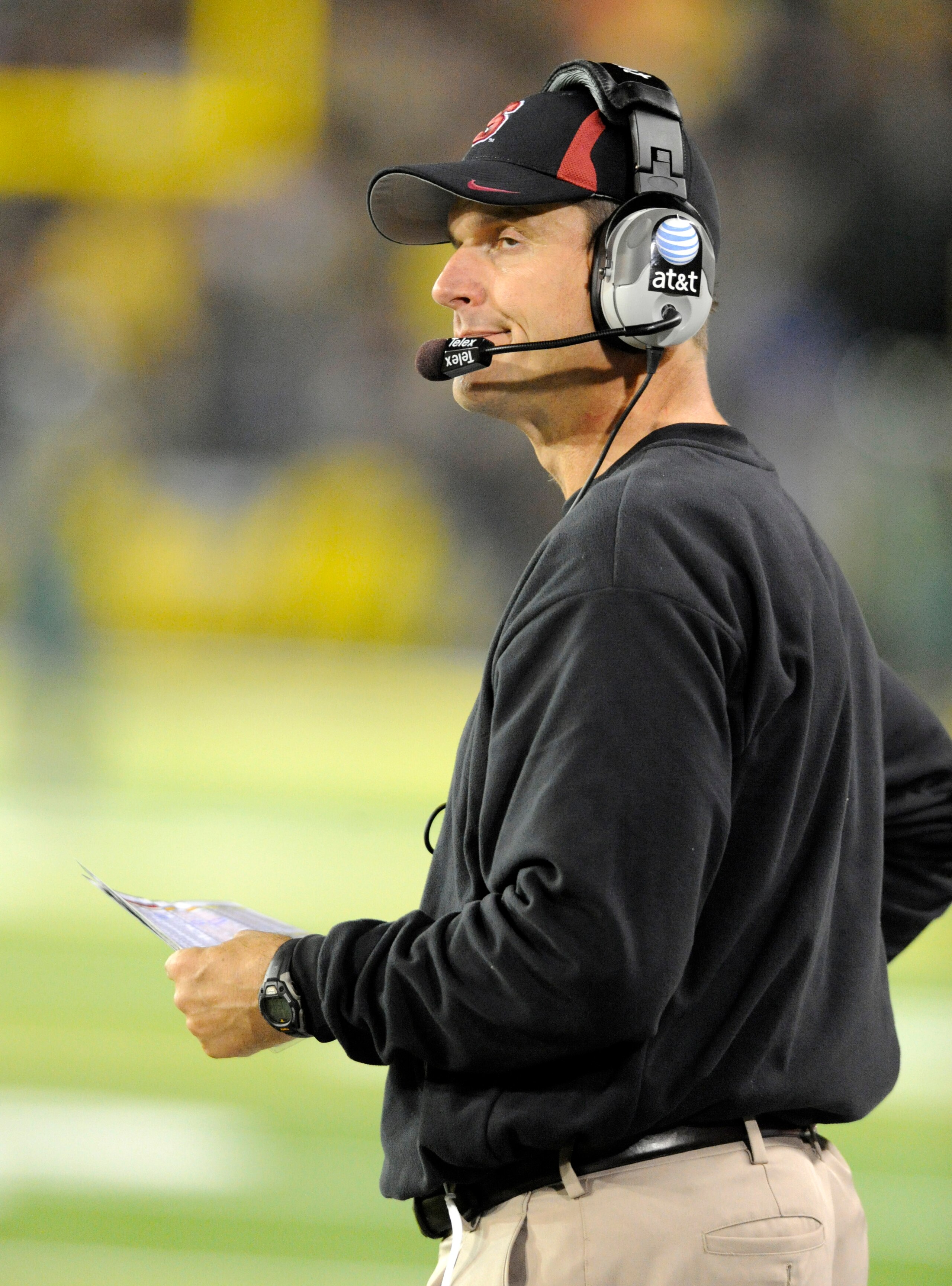 EUGENE, OR - OCTOBER 2: Head coach Jim Harbaugh of the Stanford Cardinal looks up at the scoreboard in the fourth quarter of the game against the Oregon Ducks at Autzen Stadium on October 2, 2010 in Eugene, Oregon. Oregon won the game 52-31. (Photo by Ste