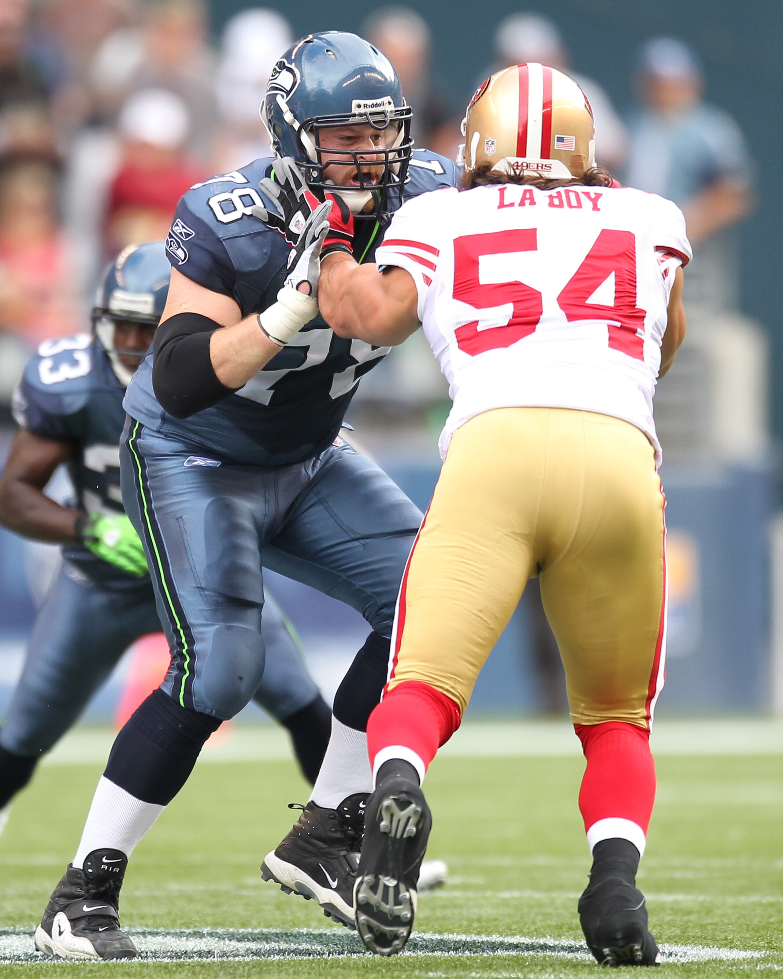 SEATTLE - SEPTEMBER 12: Tackle Tyler Polumbus #78 of the Seattle Seahawks pass blocks against Travis LaBoy #54 of the San Francisco 49ers during the NFL season opener at Qwest Field on September 12, 2010 in Seattle, Washington. (Photo by Otto Greule Jr/G SEATTLE - SEPTEMBER 12: Tackle Tyler Polumbus #78 of the Seattle Seahawks pass blocks against Travis LaBoy #54 of the San Francisco 49ers during the NFL season opener at Qwest Field on September 12, 2010 in Seattle, Washington. (Photo by Otto Greule Jr/G