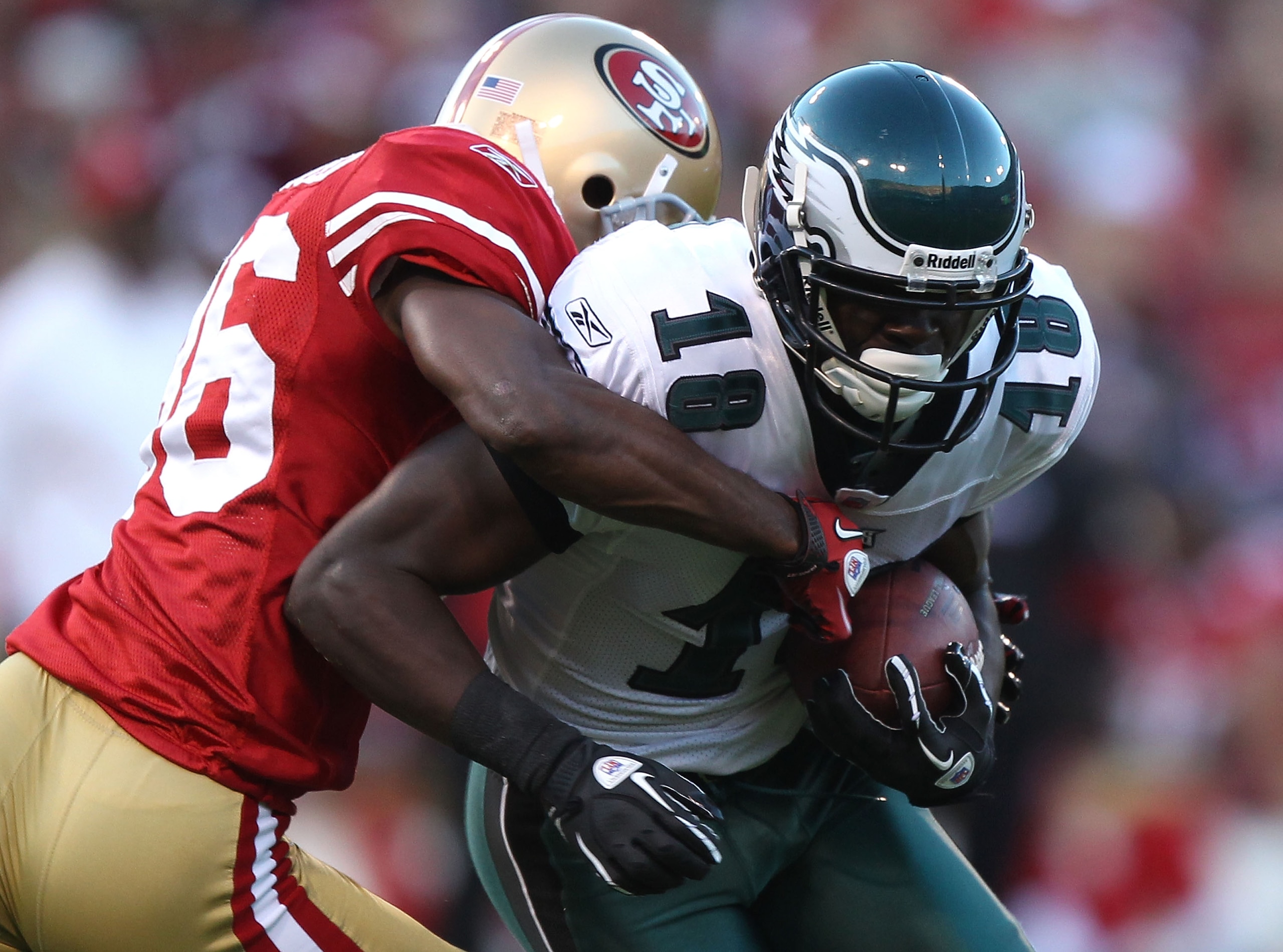 SAN FRANCISCO - OCTOBER 10: Jeremy Maclin #18 of the Philadelphia Eagles runs after a catch against Shawntae Spencer #36 of the San Francisco 49ers during an NFL game at Candlestick Park on October 10, 2010 in San Francisco, California. (Photo by Jed Ja SAN FRANCISCO - OCTOBER 10: Jeremy Maclin #18 of the Philadelphia Eagles runs after a catch against Shawntae Spencer #36 of the San Francisco 49ers during an NFL game at Candlestick Park on October 10, 2010 in San Francisco, California. (Photo by Jed Ja
