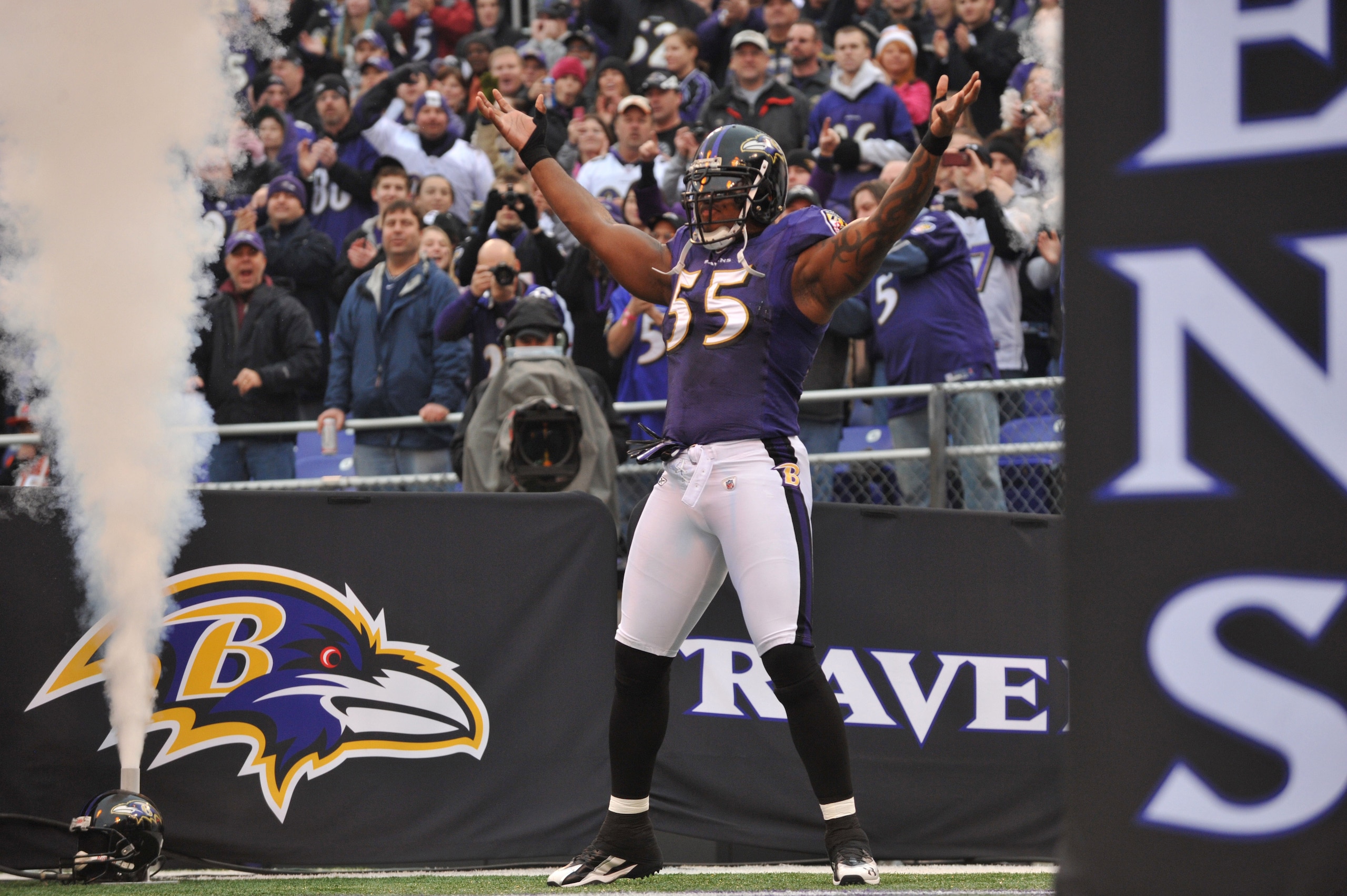 BALTIMORE, MD - JANUARY 2: Terrell Suggs #55 of the Baltimore Ravens is introduced before the game against the Cincinnati Bengals at M&T Bank Stadium on January 2, 2011 in Baltimore, Maryland. The Ravens defeated the Bengals 13-6. (Photo by Larry French BALTIMORE, MD - JANUARY 2: Terrell Suggs #55 of the Baltimore Ravens is introduced before the game against the Cincinnati Bengals at M&T Bank Stadium on January 2, 2011 in Baltimore, Maryland. The Ravens defeated the Bengals 13-6. (Photo by Larry French
