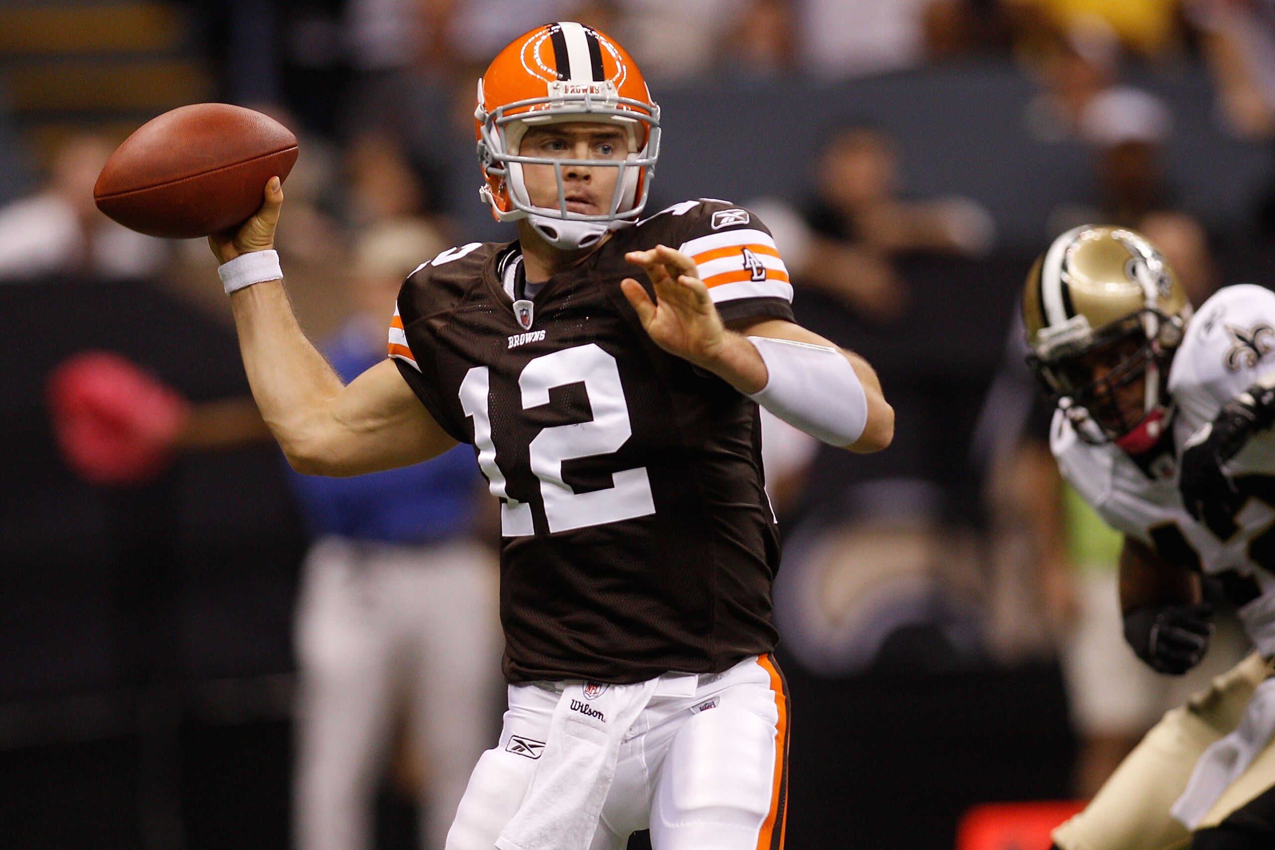 NEW ORLEANS - OCTOBER 24: Colt McCoy #12 of the Cleveland Browns in action against the New Orleans Saints at the Louisiana Superdome on October 24, 2010 in New Orleans, Louisiana. (Photo by Chris Graythen/Getty Images) NEW ORLEANS - OCTOBER 24: Colt McCoy #12 of the Cleveland Browns in action against the New Orleans Saints at the Louisiana Superdome on October 24, 2010 in New Orleans, Louisiana. (Photo by Chris Graythen/Getty Images)