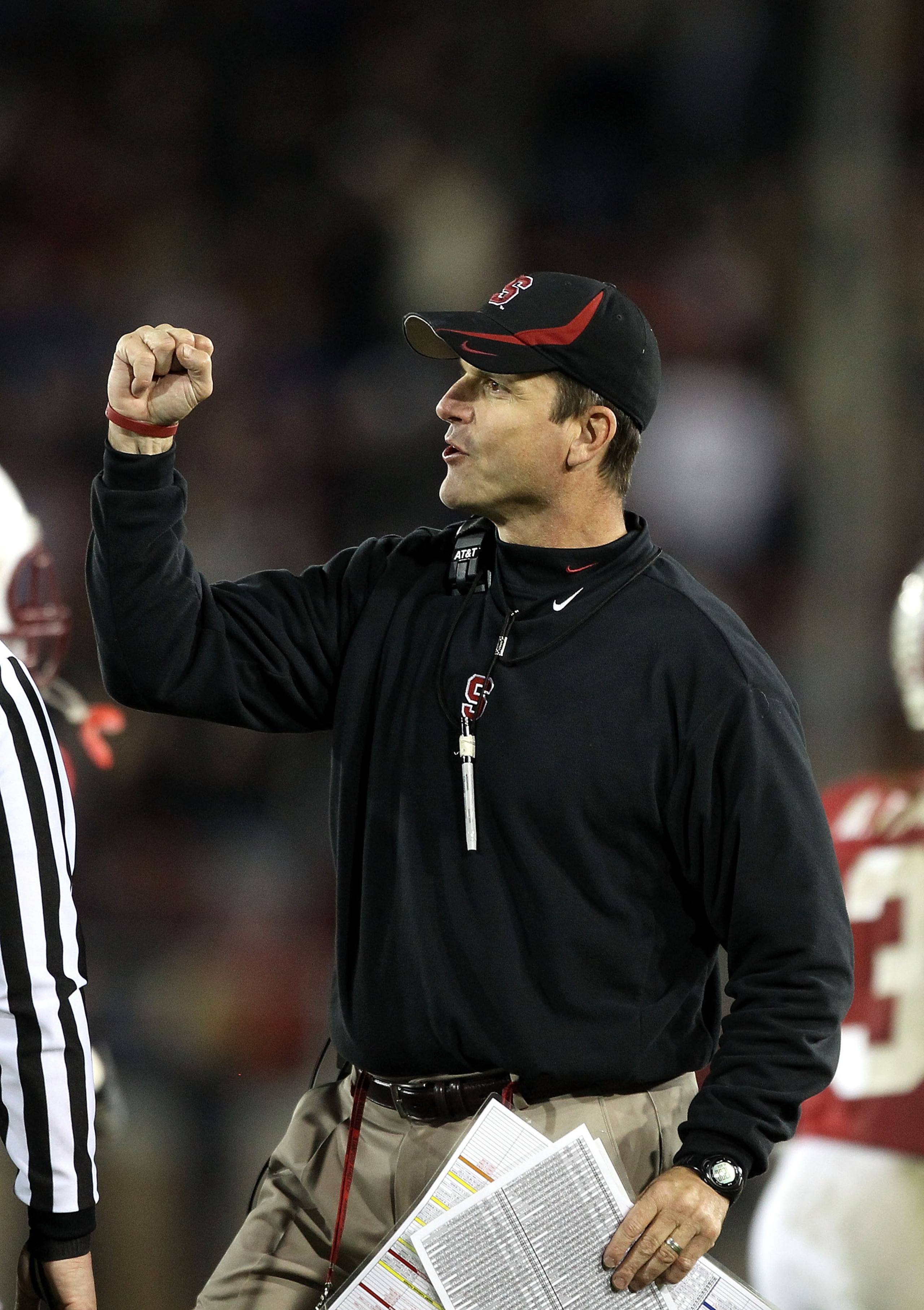 PALO ALTO, CA - NOVEMBER 27: Head coach Jim Harbaugh of the Stanford Cardinal reacts after Delano Howell #26 of the Stanford Cardinal made an interception on a pass intended for Joe Halahuni #87 of the Oregon State Beavers at Stanford Stadium on November PALO ALTO, CA - NOVEMBER 27: Head coach Jim Harbaugh of the Stanford Cardinal reacts after Delano Howell #26 of the Stanford Cardinal made an interception on a pass intended for Joe Halahuni #87 of the Oregon State Beavers at Stanford Stadium on November