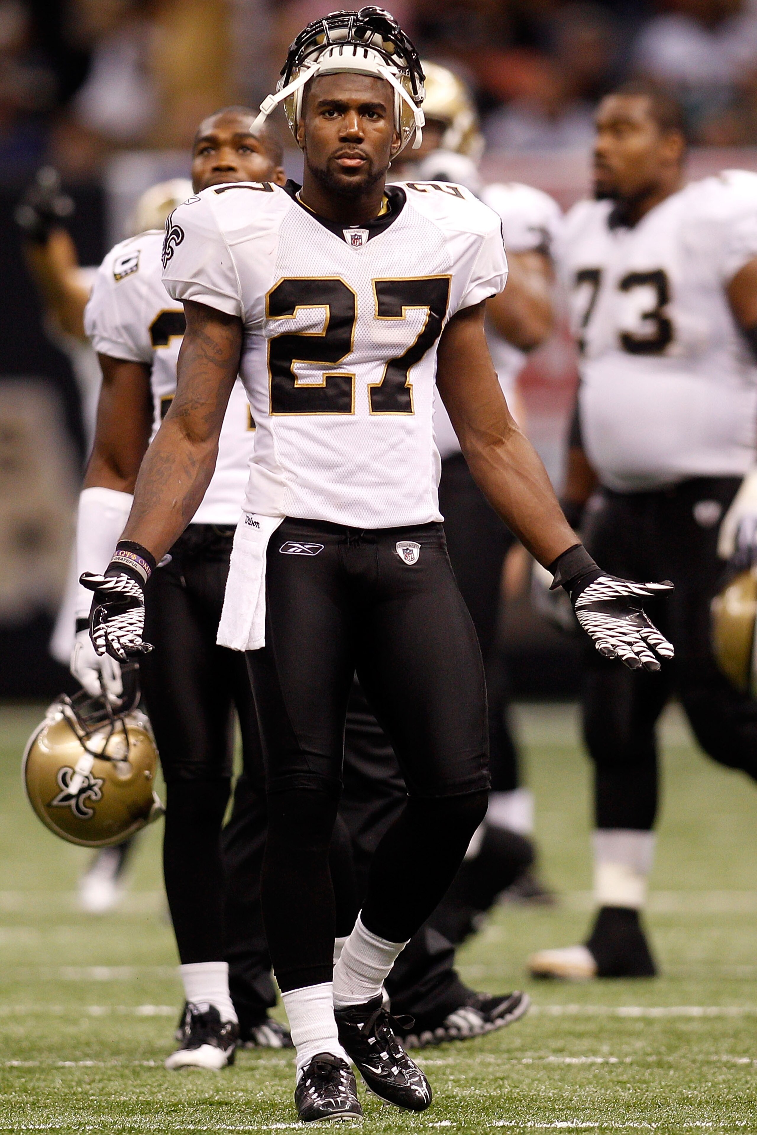 NEW ORLEANS - SEPTEMBER 26: Malcom Jenkins #27 of the New Orleans Saints reacts to a call by the officials during the game against the Atlanta Falcons at the Louisiana Superdome on September 26, 2010 in New Orleans, Louisiana. The Falcons defeated the S NEW ORLEANS - SEPTEMBER 26: Malcom Jenkins #27 of the New Orleans Saints reacts to a call by the officials during the game against the Atlanta Falcons at the Louisiana Superdome on September 26, 2010 in New Orleans, Louisiana. The Falcons defeated the S