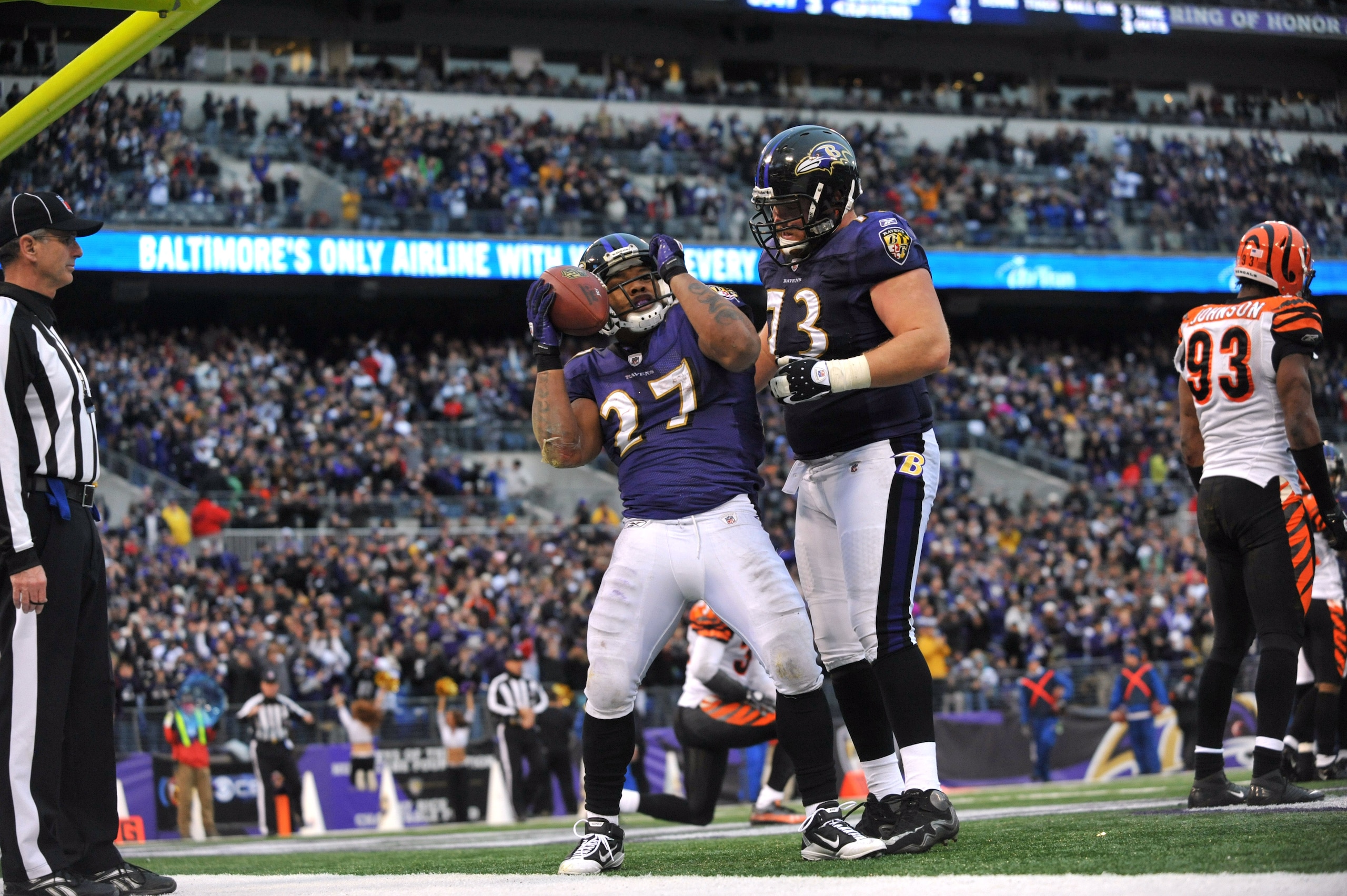 BALTIMORE, MD - JANUARY 2:  Ray Rice #27 of the Baltimore Ravens celebrates his team's only touchdown against the Cincinnati Bengals  at M&T Bank Stadium on January 2, 2011 in Baltimore, Maryland. The Ravens defeated the Bengals 13-6. (Photo by Larry Fren