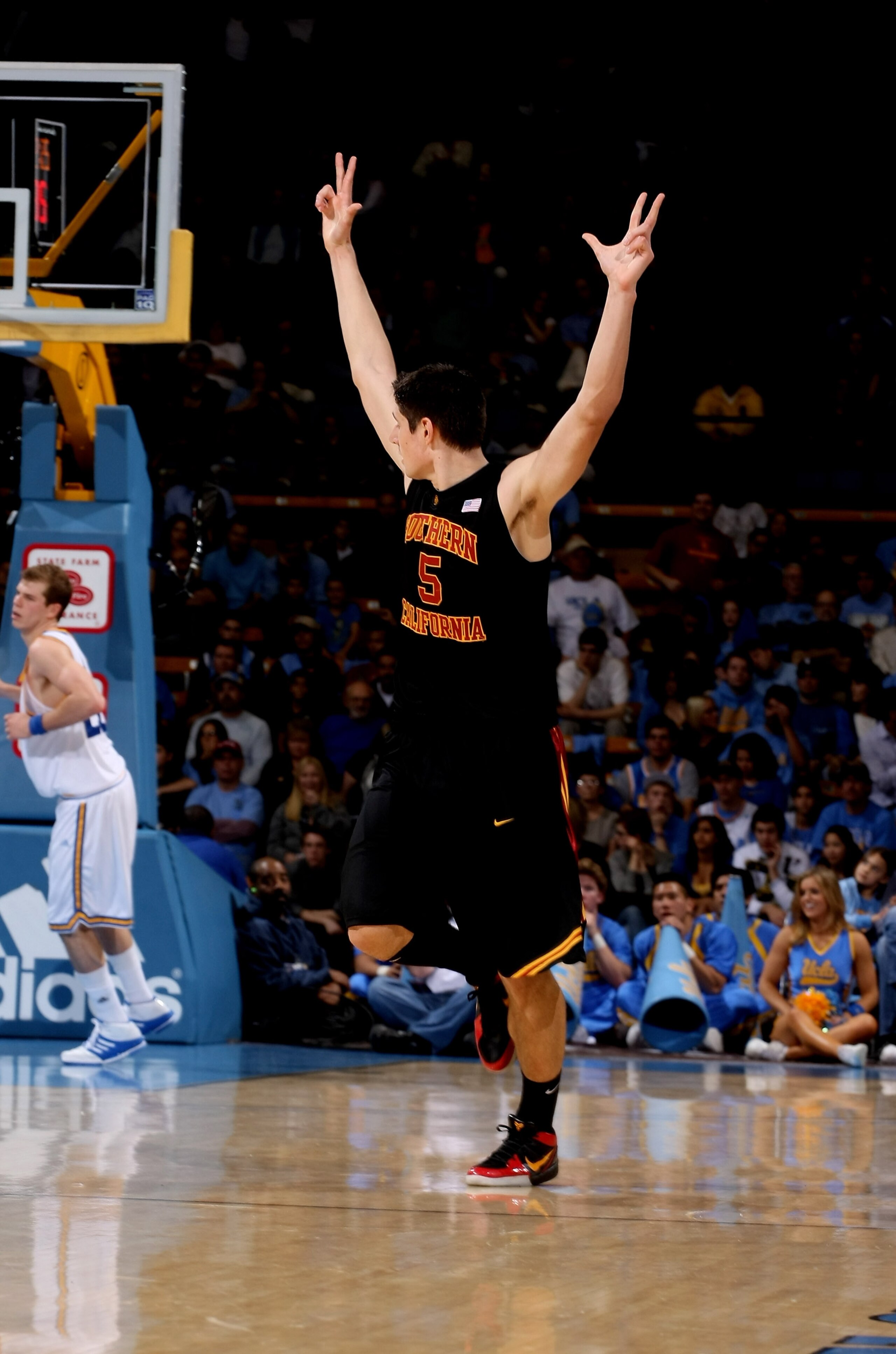 WESTWOOD, CA - JANUARY 16:  Nikola Vucevic #5 of the USC Trojans celebrates making a three point basket in the game against the UCLA Bruins on January 16, 2010 at Pauley Pavillion in Westwood, California.  USC won 67-46.  (Photo by Stephen Dunn/Getty Imag