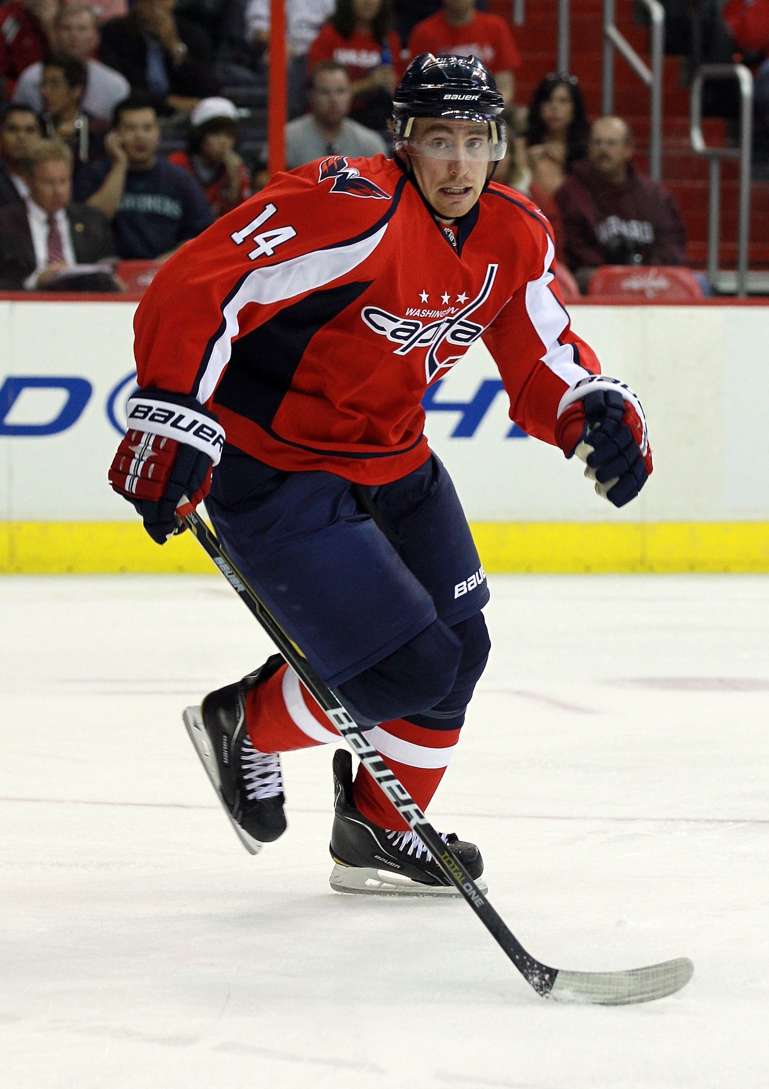 WASHINGTON - OCTOBER 13:  John Carlson #74 of the Washington Capitals skates against the New York Islanders at the Verizon Center on October 13, 2010 in Washington, DC.  (Photo by Bruce Bennett/Getty Images)