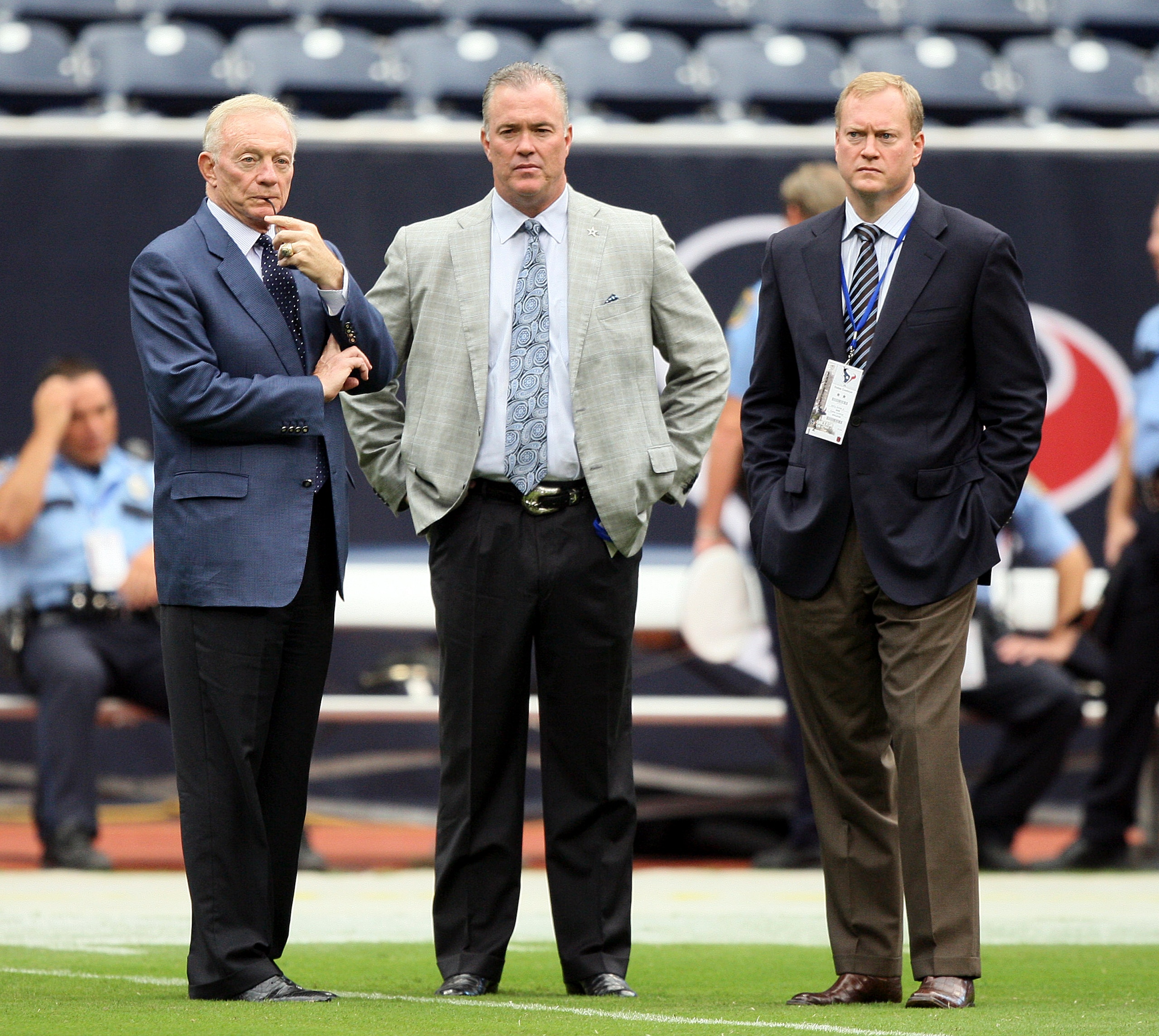 HOUSTON - SEPTEMBER 26: Dallas Cowboys owner Jerry Jones, left, watches warm ups prior to a game against the Houston Texans with this sons Stephen, center, and Jerry Jr. at Reliant Stadium on September 26, 2010 in Houston, Texas. (Photo by Bob Levey/Get HOUSTON - SEPTEMBER 26: Dallas Cowboys owner Jerry Jones, left, watches warm ups prior to a game against the Houston Texans with this sons Stephen, center, and Jerry Jr. at Reliant Stadium on September 26, 2010 in Houston, Texas. (Photo by Bob Levey/Get