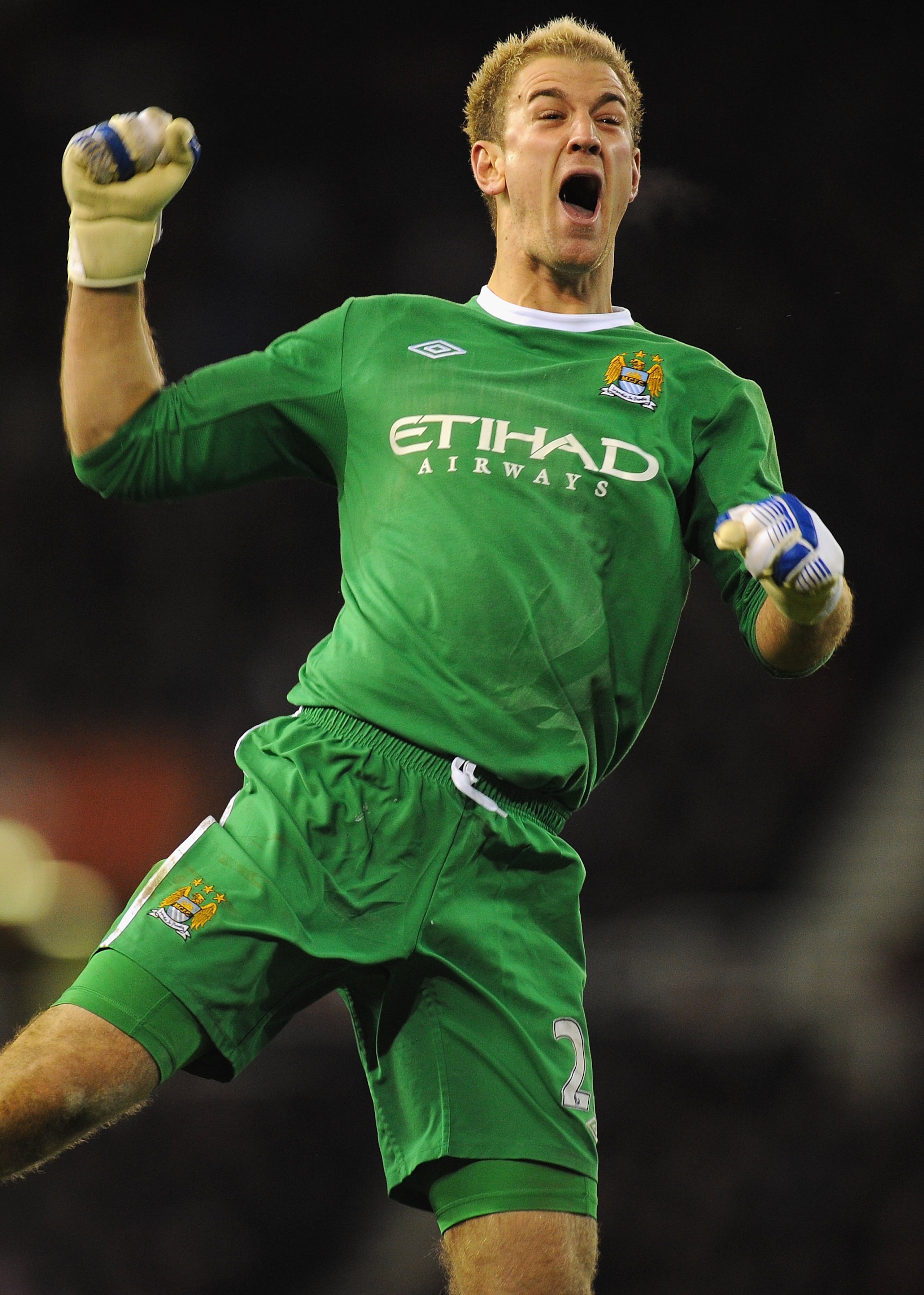 STOKE ON TRENT, ENGLAND - NOVEMBER 27: Joe Hart of Manchester City celebrates Micah Richards goal during the Barclays Premier League match between Stoke City and Manchester City at Britannia Stadium on November 27, 2010 in Stoke on Trent, England. (Phot STOKE ON TRENT, ENGLAND - NOVEMBER 27: Joe Hart of Manchester City celebrates Micah Richards goal during the Barclays Premier League match between Stoke City and Manchester City at Britannia Stadium on November 27, 2010 in Stoke on Trent, England. (Phot