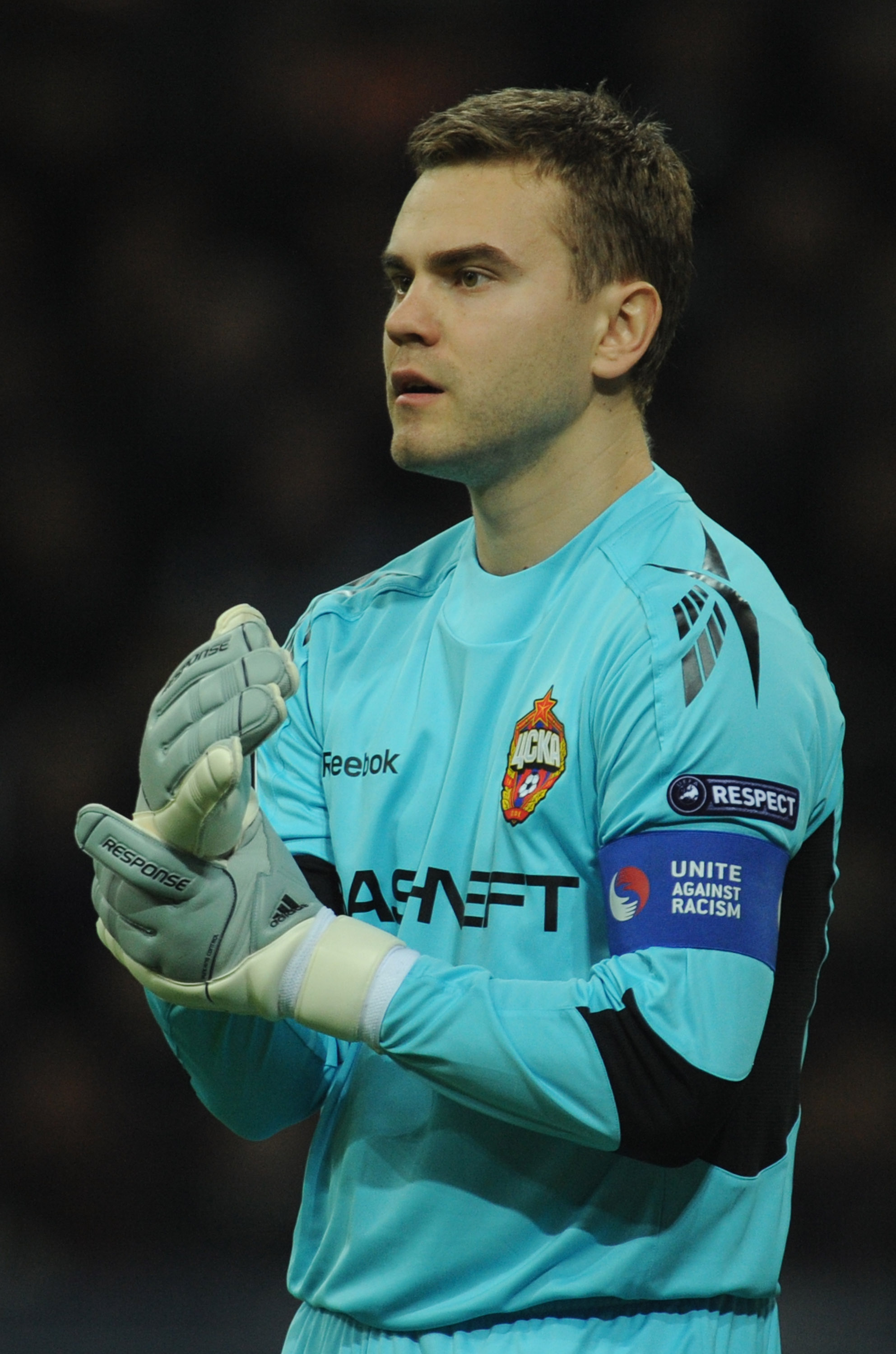 MILAN, ITALY - MARCH 31:  Igor Akinfeev of CSKA Moscow looks on during the the UEFA Champions League Quarter Finals, First Leg match between FC Internazionale Milano and CSKA Moscow at Giuseppe Meazza Stadium on March 31, 2010 in Milan, Italy.  (Photo by 