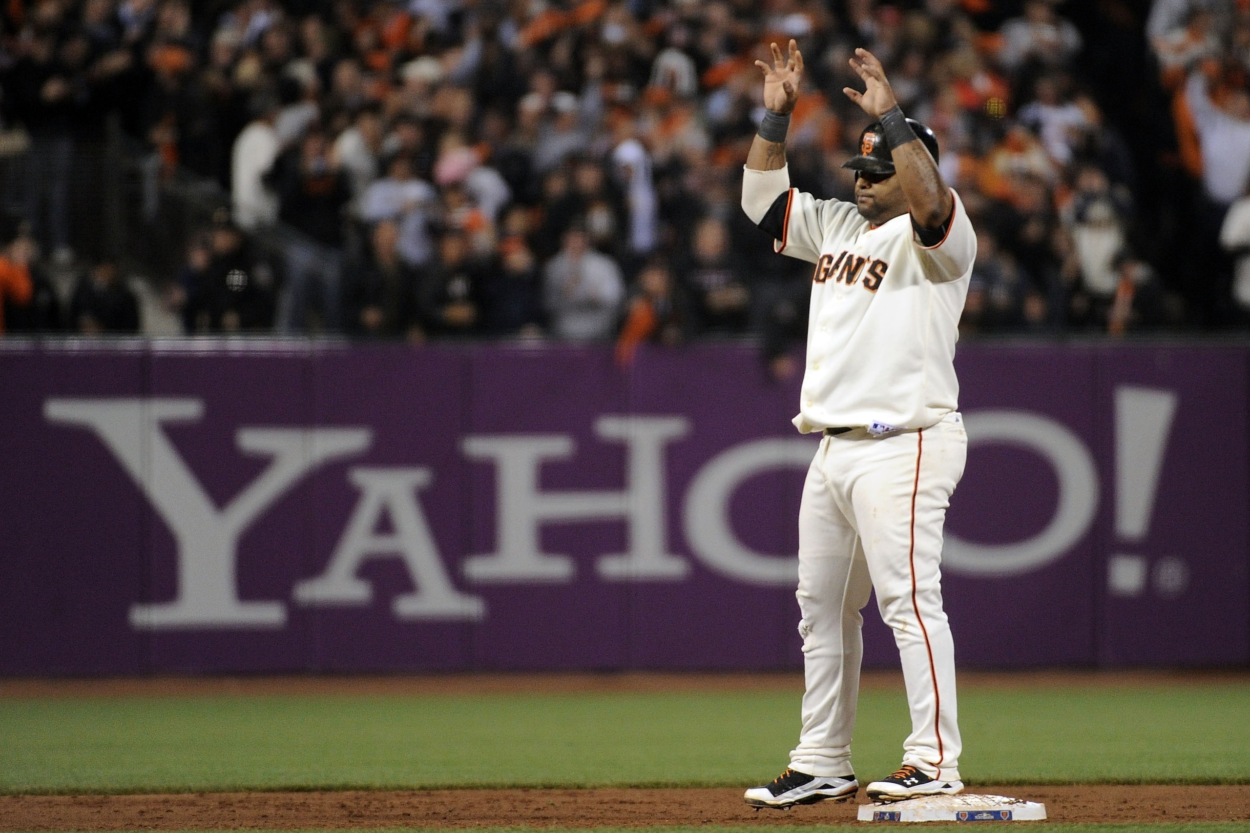SAN FRANCISCO - OCTOBER 20:  Pablo Sandoval #48 of the San Francisco Giants reacts after hitting an RBI double in the sixth inning against the Philadelphia Phillies in Game Four of the NLCS during the 2010 MLB Playoffs at AT&T Park on October 20, 2010 in