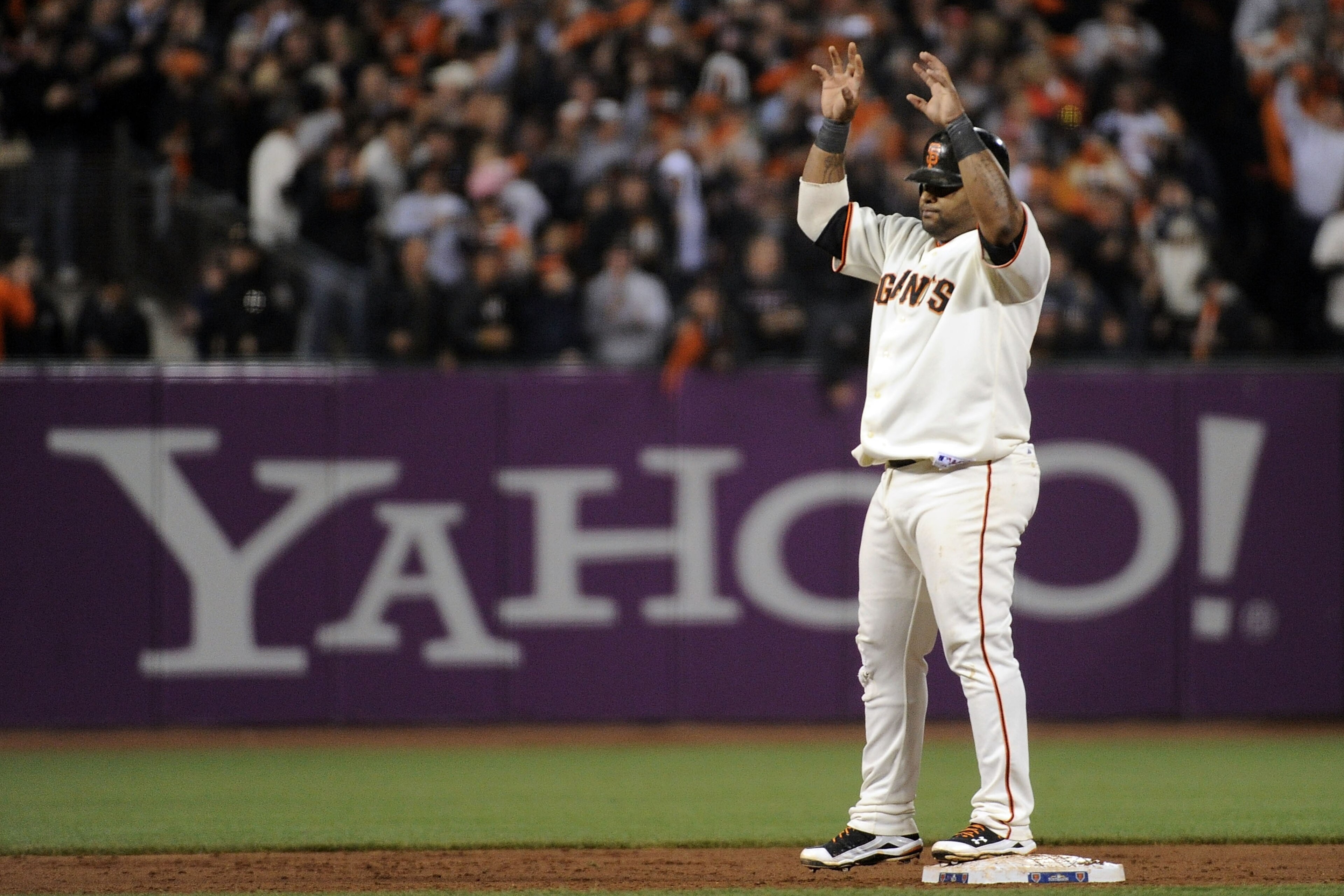 SAN FRANCISCO - OCTOBER 20:  Pablo Sandoval #48 of the San Francisco Giants reacts after hitting an RBI double in the sixth inning against the Philadelphia Phillies in Game Four of the NLCS during the 2010 MLB Playoffs at AT&T Park on October 20, 2010 in