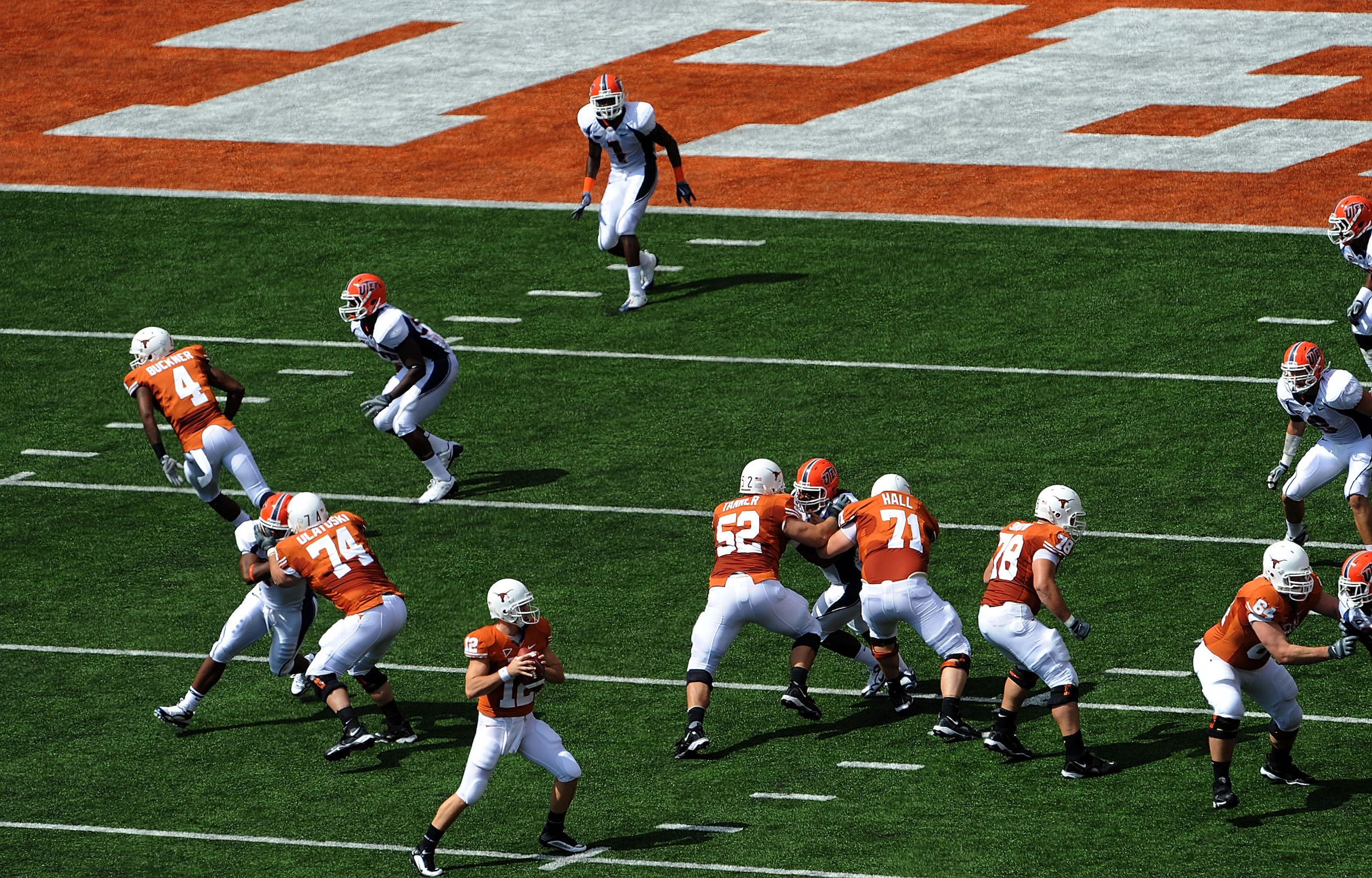 AUSTIN, TX - SEPTEMBER 26: Quarterback Colt McCoy #12 of the Texas Longhorns drops back to pass against the UTEP Miners at Darrell K Royal-Texas Memorial Stadium on September 26, 2009 in Austin, Texas. (Photo by Ronald Martinez/Getty Images) AUSTIN, TX - SEPTEMBER 26: Quarterback Colt McCoy #12 of the Texas Longhorns drops back to pass against the UTEP Miners at Darrell K Royal-Texas Memorial Stadium on September 26, 2009 in Austin, Texas. (Photo by Ronald Martinez/Getty Images)