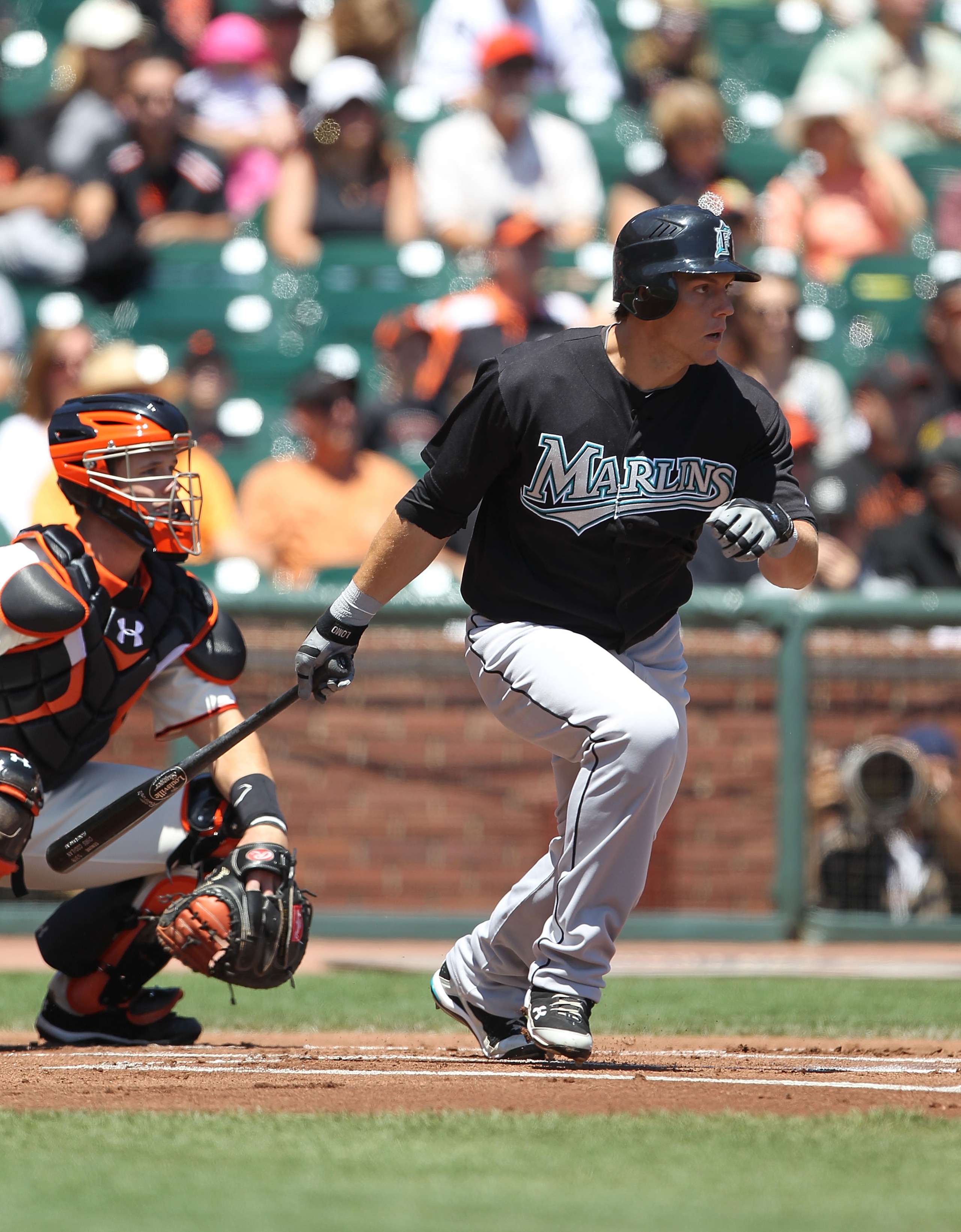 SAN FRANCISCO - JULY 29:  Logan Morrison #20 of the Florida Marlins bats against the San Francisco Giants during an MLB game at AT&T Park on July 29, 2010 in San Francisco, California.  (Photo by Jed Jacobsohn/Getty Images)