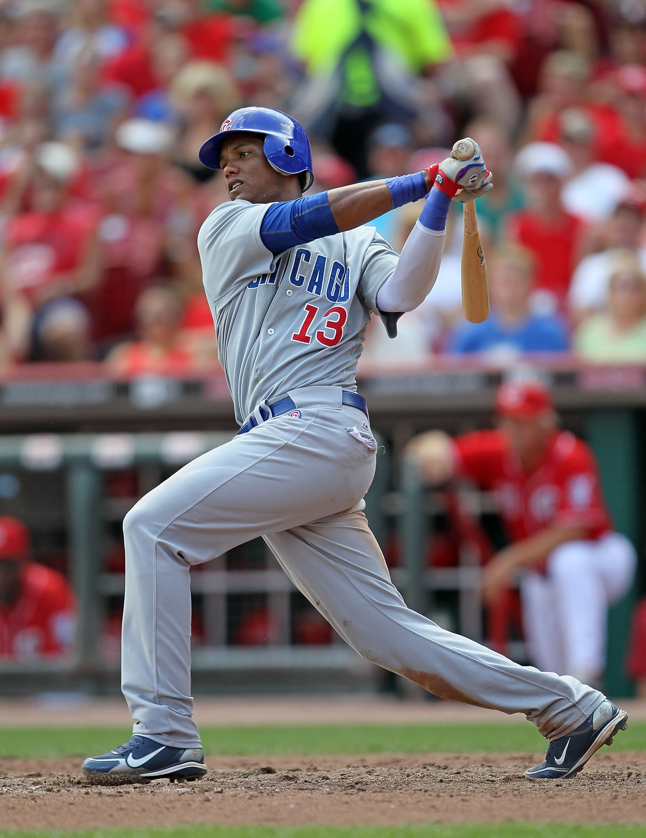 CINCINNATI - AUGUST 29:  Starlin Castro #13 of the Chicago Cubs swings at a pitch during the game against the Cincinnati Reds at Great American Ball Park on August 29, 2010 in Cincinnati, Ohio.  (Photo by Andy Lyons/Getty Images)