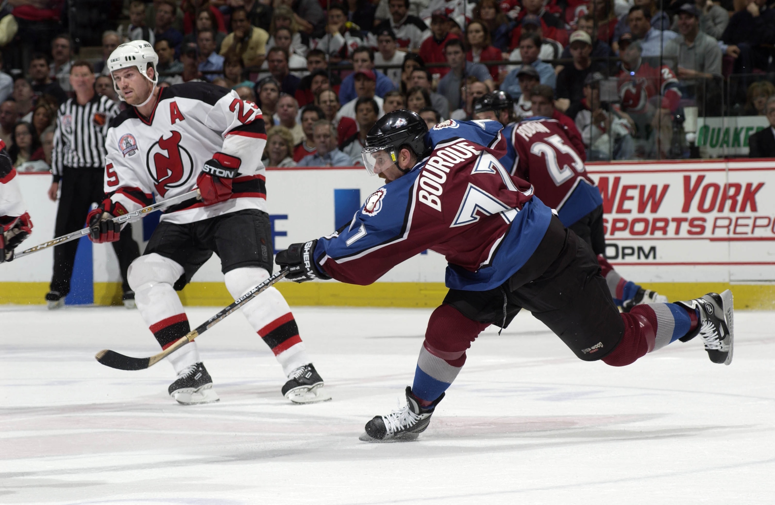 7Jun 2001: Ray Bourque #77 of the Colorado Avalanche in action against the New Jersey Devils in game six of the NHL Stanley Cup Finals at Continental Airlines Arena in East Rutherford, New Jersey. The Avalanche won 4-0. DIGITAL IMAGE. Mandatory Credit: 7Jun 2001: Ray Bourque #77 of the Colorado Avalanche in action against the New Jersey Devils in game six of the NHL Stanley Cup Finals at Continental Airlines Arena in East Rutherford, New Jersey. The Avalanche won 4-0. DIGITAL IMAGE. Mandatory Credit: