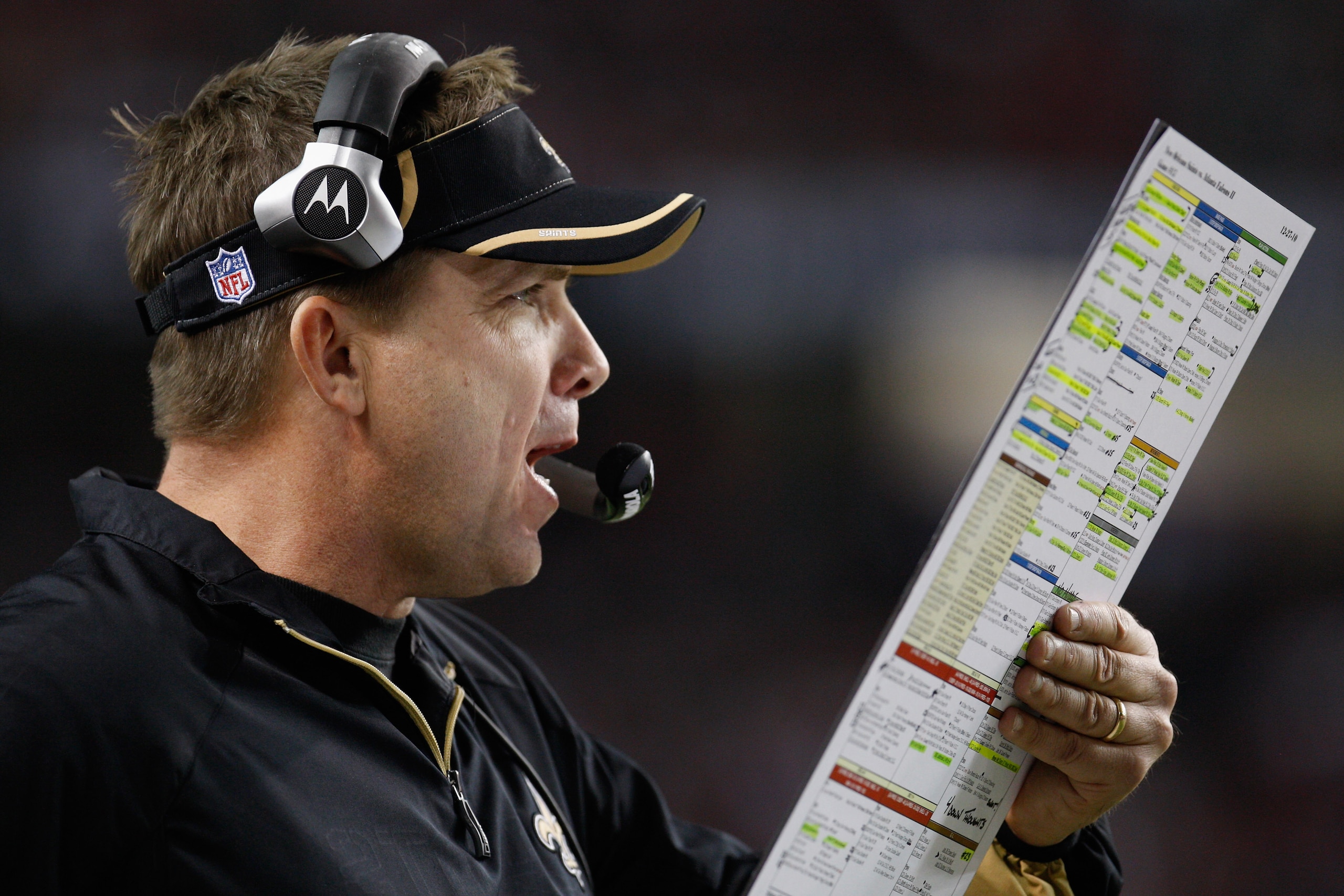 ATLANTA, GA - DECEMBER 27:  Head coach Sean Payton of the New Orleans Saints calls a play during the second half during the game against the Atlanta Falcons at the Georgia Dome on December 27, 2010 in Atlanta, Georgia.  (Photo by Scott Halleran/Getty Imag
