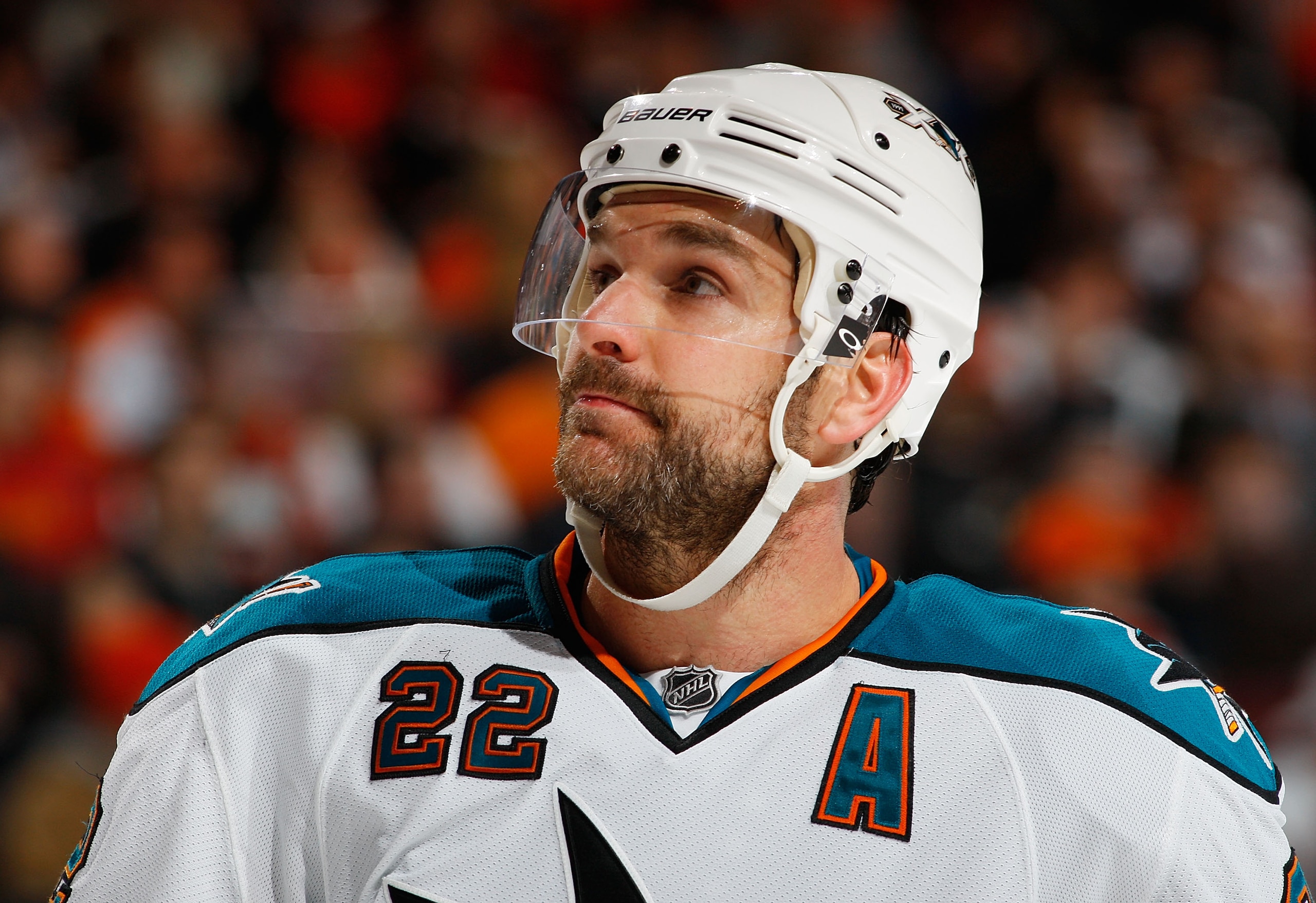 PHILADELPHIA - DECEMBER 08:  Dan Boyle #22 of the San Jose Sharks skates against the Philadelphia Flyers on December 8, 2010 at the Wells Fargo Center in Philadelphia, Pennsylvania. Sharks defeat the Flyers 5-4 in a shootout.  (Photo by Mike Stobe/Getty I