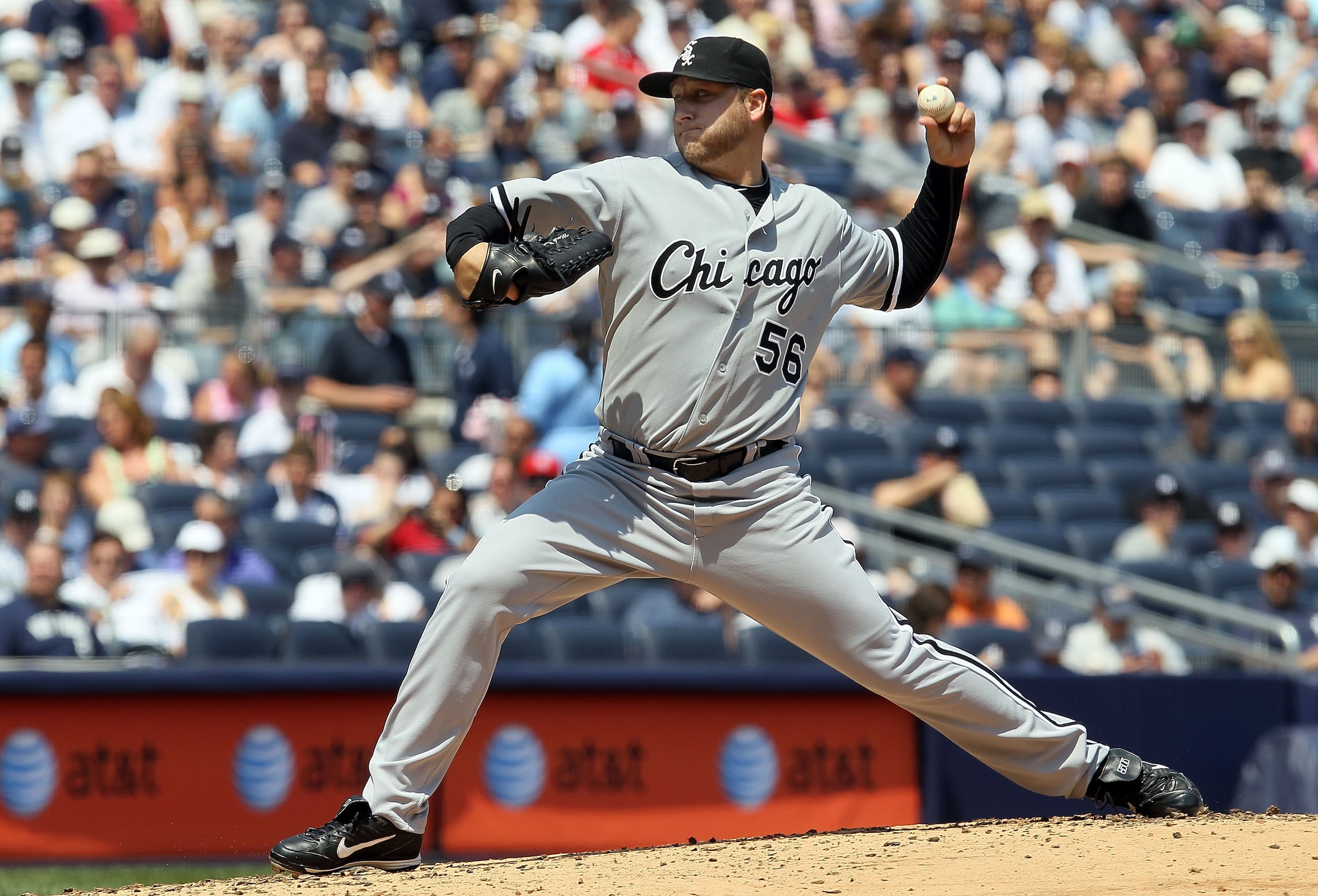 NEW YORK - MAY 02:  Mark Buehrle #56 of the Chicago White Sox delivers a pitch against the New York Yankees on May 2, 2010 at Yankee Stadium in the Bronx borough of New York City. The Yankees defeated the White Sox 12-3.  (Photo by Jim McIsaac/Getty Image