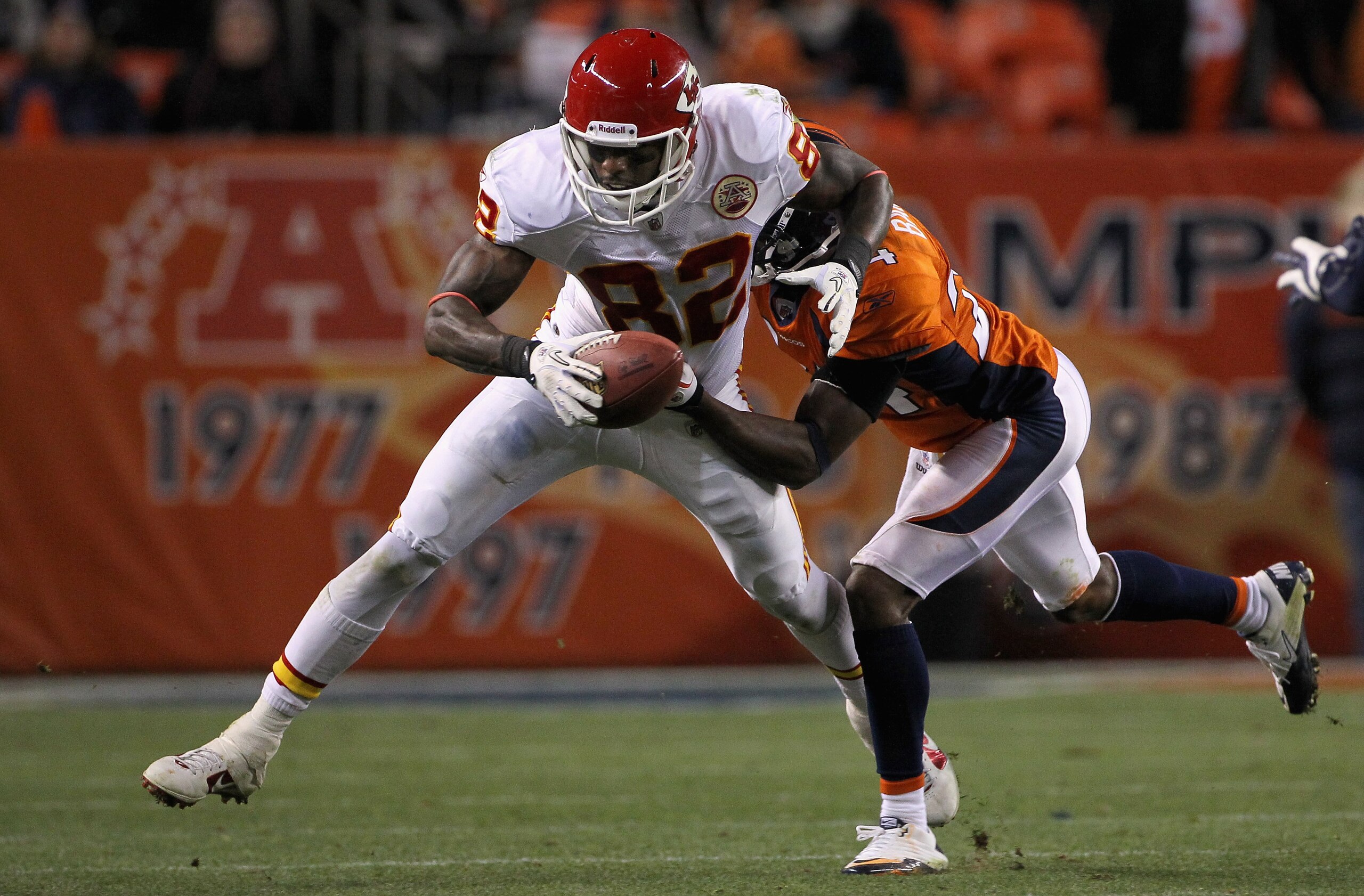 DENVER - NOVEMBER 14: Wide receiver Dwayne Bowe #82 of the Kansas City Chiefs makes a reception as Champ Bailey #24 of the Denver Bronco defends at INVESCO Field at Mile High on November 14, 2010 in Denver, Colorado. The Broncos defeated the Cheifs 49-29 DENVER - NOVEMBER 14: Wide receiver Dwayne Bowe #82 of the Kansas City Chiefs makes a reception as Champ Bailey #24 of the Denver Bronco defends at INVESCO Field at Mile High on November 14, 2010 in Denver, Colorado. The Broncos defeated the Cheifs 49-29