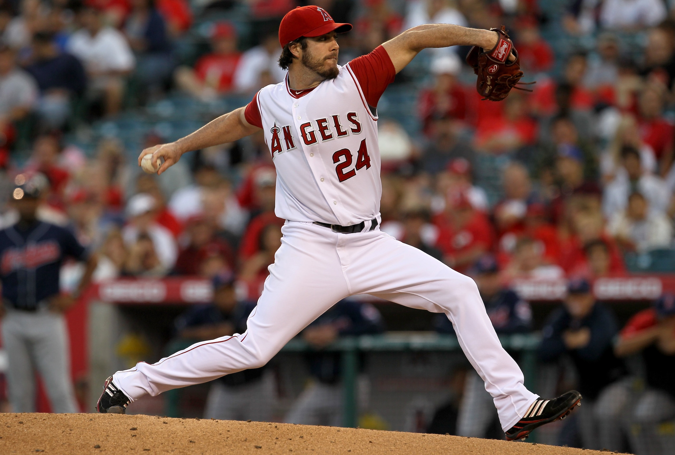ANAHEIM, CA - SEPTEMBER 6:  Dan Haren #24 of the Los Angeles Angels of Anaheim throws a pitch against the Cleveland Indians on September 6, 2010 at Angel Stadium in Anaheim, California.  (Photo by Stephen Dunn/Getty Images)