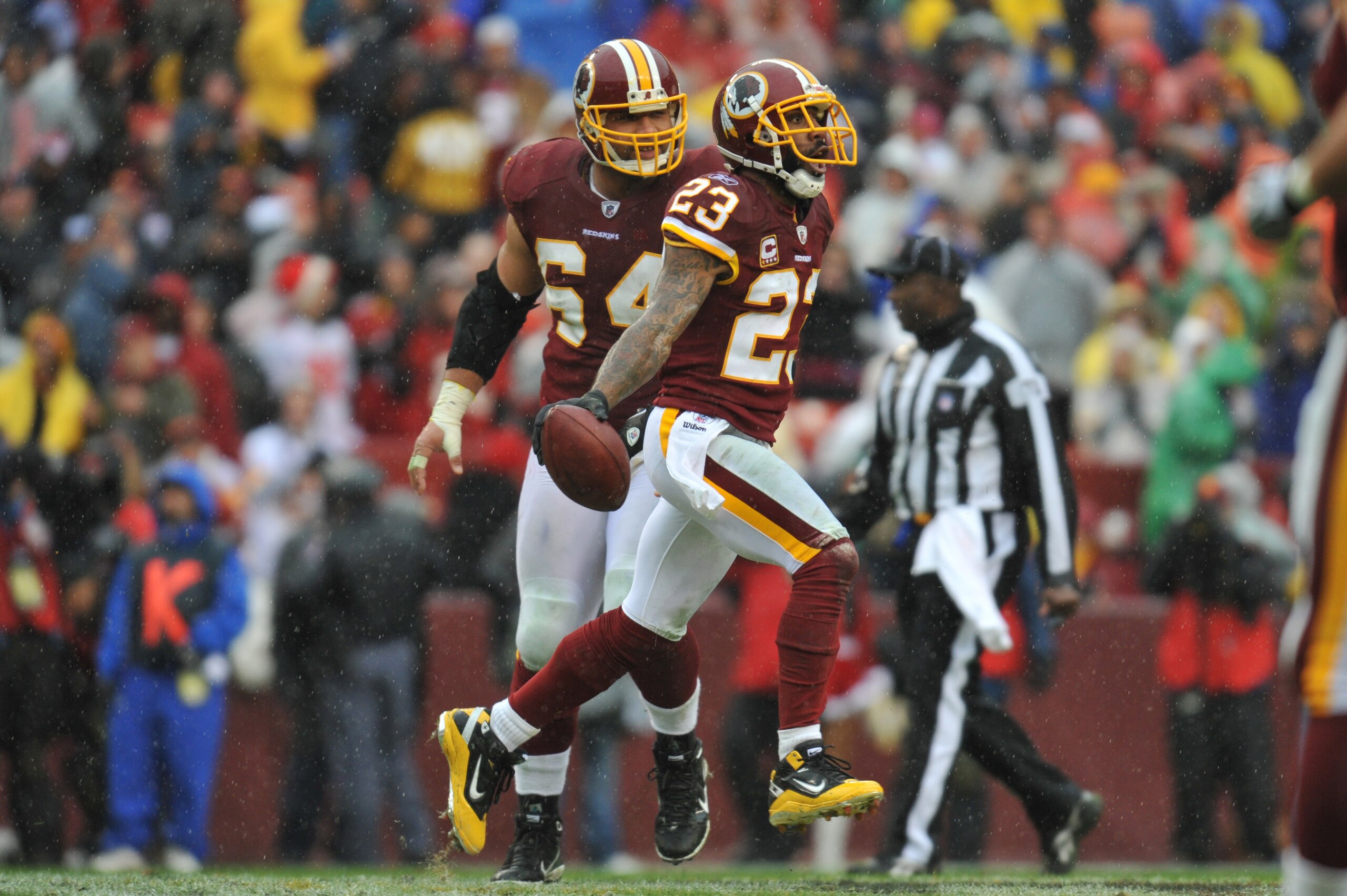 LANDOVER, MD - DECEMBER 12: DeAngelo Hall #23 of the Washington Redskins celebrates a fumble recovery against the Tampa Bay Buccaneers at FedExField on December 12, 2010 in Landover, Maryland. The Buccaneers defeated the Redskins 17-16. (Photo by Larry LANDOVER, MD - DECEMBER 12: DeAngelo Hall #23 of the Washington Redskins celebrates a fumble recovery against the Tampa Bay Buccaneers at FedExField on December 12, 2010 in Landover, Maryland. The Buccaneers defeated the Redskins 17-16. (Photo by Larry