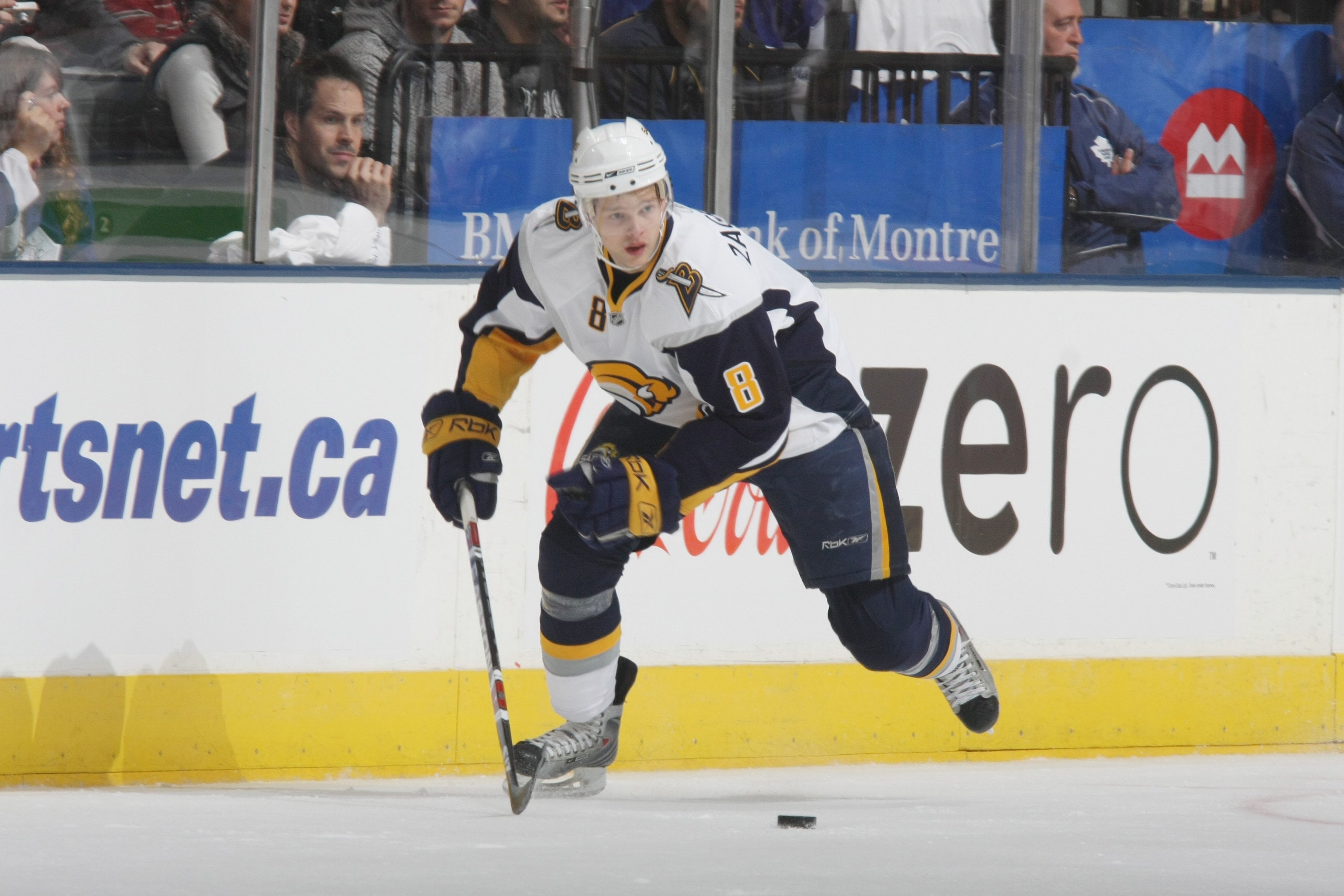 TORONTO - SEPTEMBER 22:  Marek Zagrapan #8 of the Buffalo Sabres skates with the puck against the Toronto Maple Leafs during their pre season NHL game at the Air Canada Centre on September 26, 2008 in Toronto, Ontario, Canada. (Photo By Dave Sandford/Gett