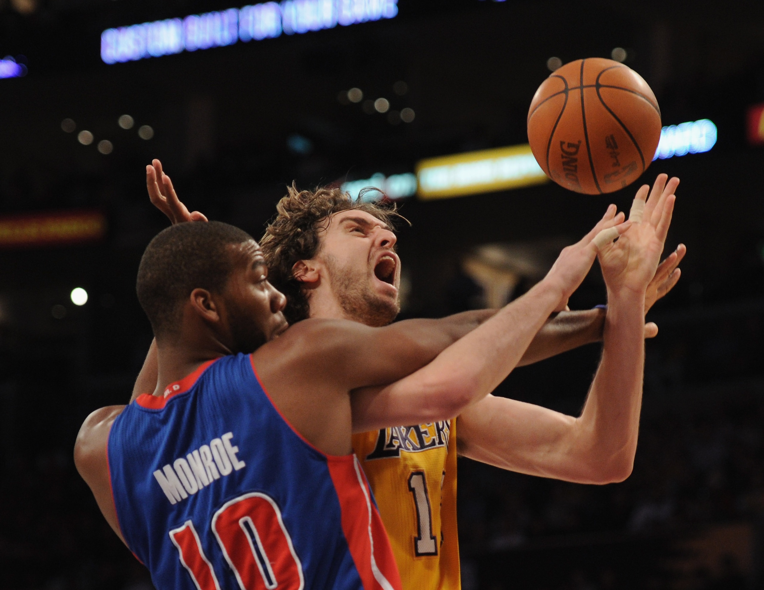 LOS ANGELES, CA - JANUARY 04: Pau Gasol #16 of the Los Angeles Lakers is fouled by Greg Monroe #10 of the Detroit Pistons during the first half at the Staples Center on January 4, 2011 in Los Angeles, California. NOTE TO USER: User expressly acknowledges LOS ANGELES, CA - JANUARY 04: Pau Gasol #16 of the Los Angeles Lakers is fouled by Greg Monroe #10 of the Detroit Pistons during the first half at the Staples Center on January 4, 2011 in Los Angeles, California. NOTE TO USER: User expressly acknowledges