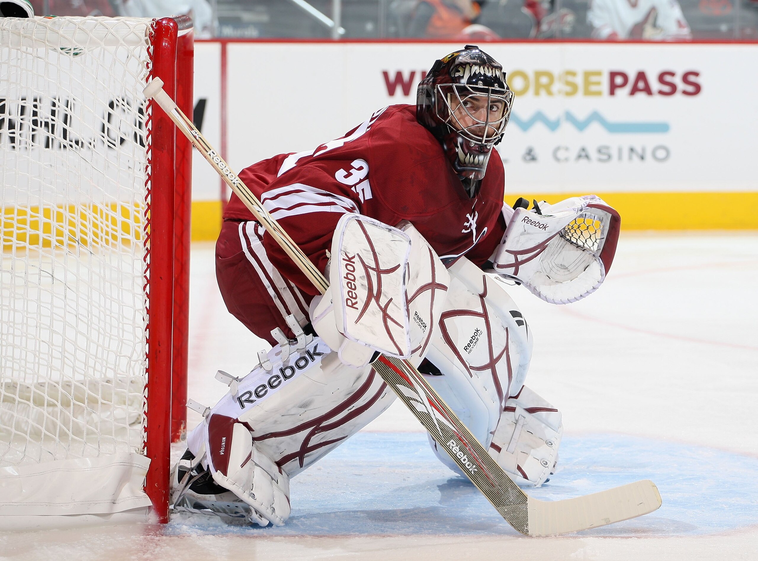GLENDALE, AZ - SEPTEMBER 18:  Goaltender Al Montoya #35 of the Phoenix Coyotes in action during the preseason NHL game against the Anaheim Ducks at Jobing.com Arena on September 19, 2009 in Glendale, Arizona. The Ducks defeated the Coyotes 4-3 in overtime