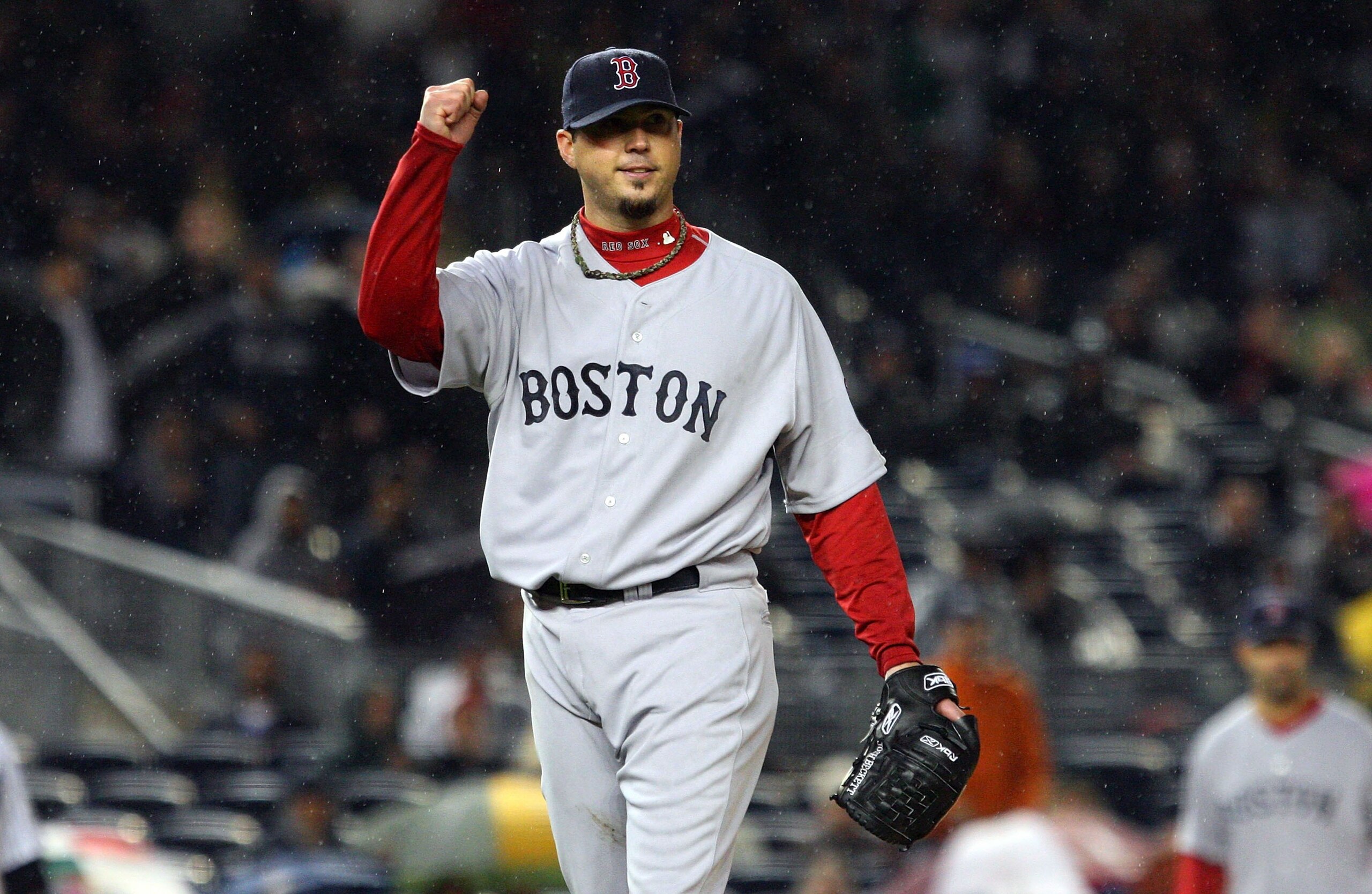 NEW YORK - MAY 05:  Josh Beckett #19 of the Boston Red Sox celebrates the final out of the sixth inning against the New York Yankees on May 5, 2009 at Yankee Stadium in the Bronx borough of New York City. The Red Sox defeated the Yankees 7-3.  (Photo by J