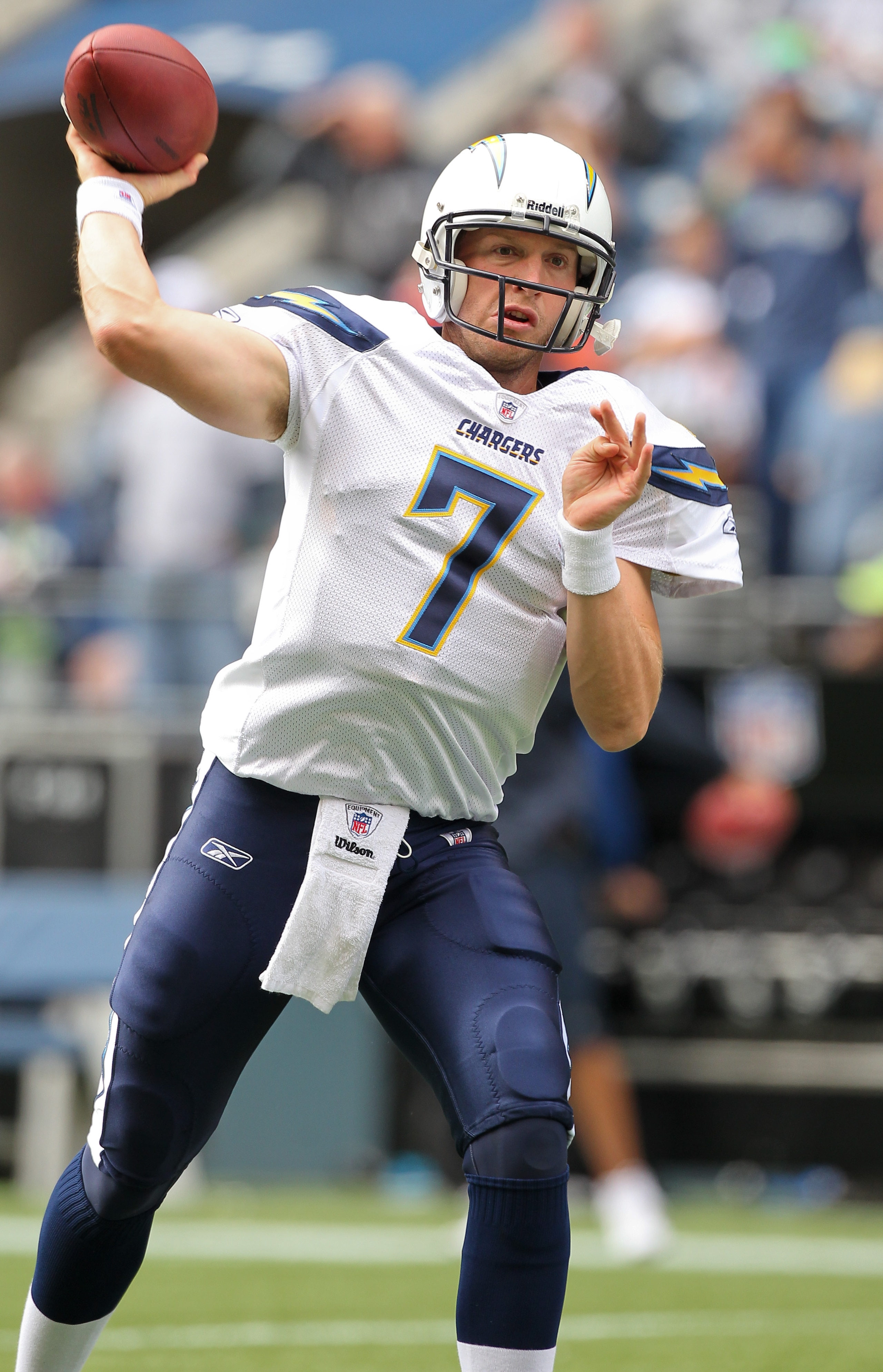 SEATTLE - SEPTEMBER 26:  Quarterback Billy Volek #7 of the San Diego Chargers passes during warmups prior to the game against the Seattle Seahawks at Qwest Field on September 26, 2010 in Seattle, Washington. (Photo by Otto Greule Jr/Getty Images)